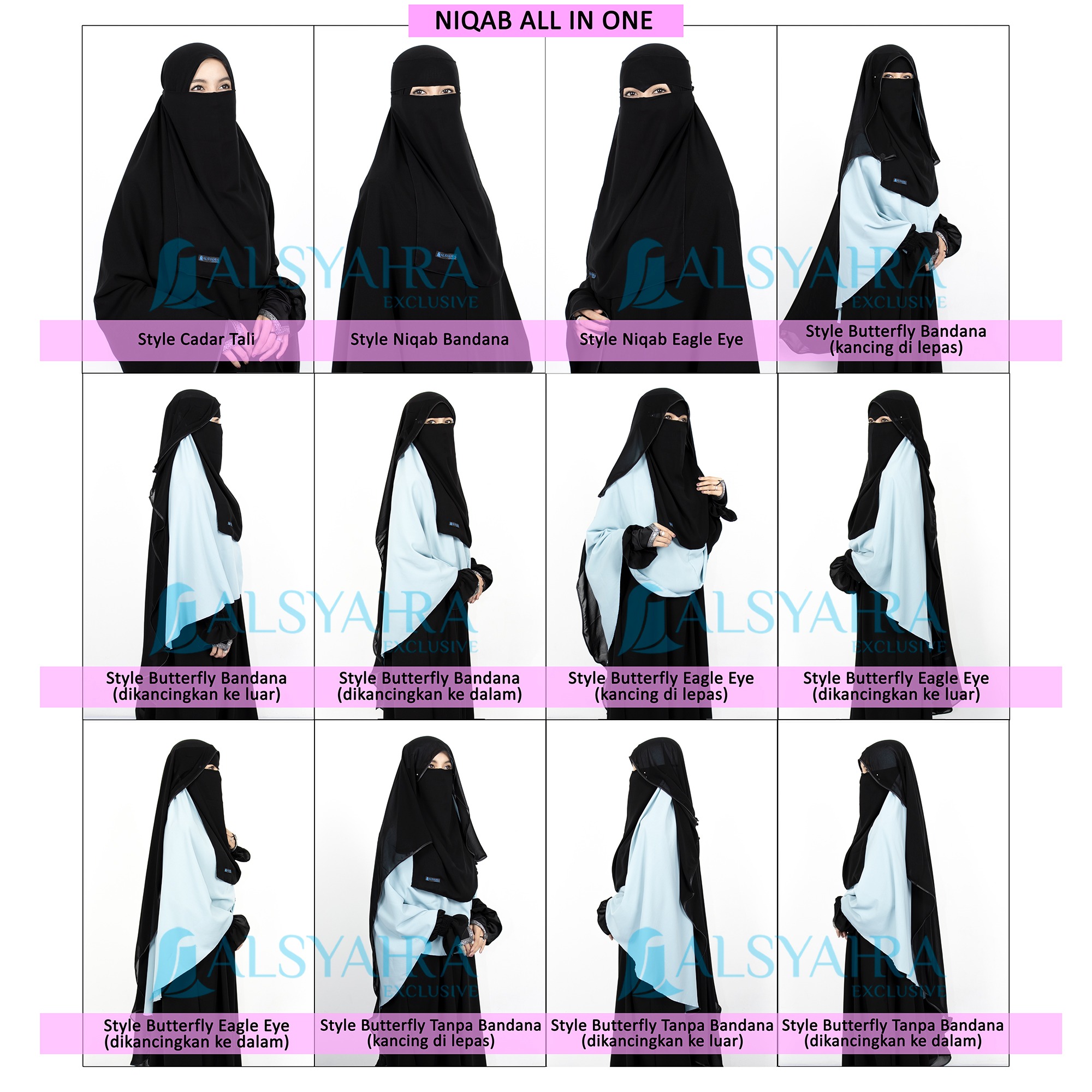 Alsyahra Exclusive - Bundling Niqab All In One Size L Sifon Silk Jetblack Arab 12 Style