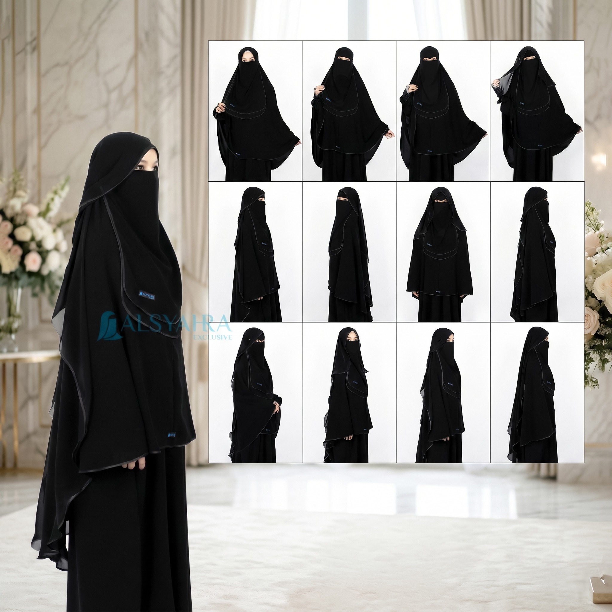Alsyahra Exclusive - Bundling Niqab All In One Hijrah Size L Sifon Silk Jetblack Arab 12 Style