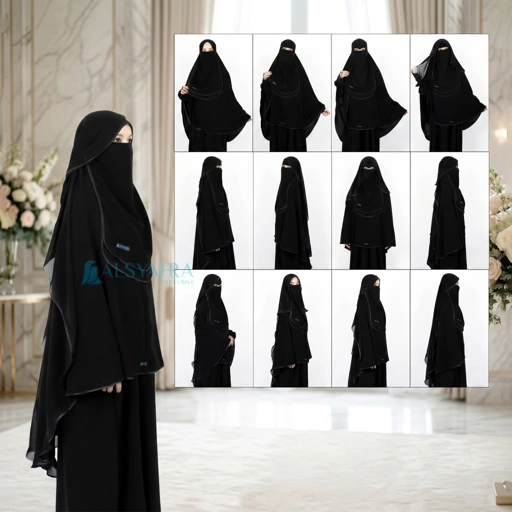 Image of Alsyahra Exclusive - Bundling Niqab All In One Hijrah Size L Sifon Silk Jetblack Arab 12 Style
