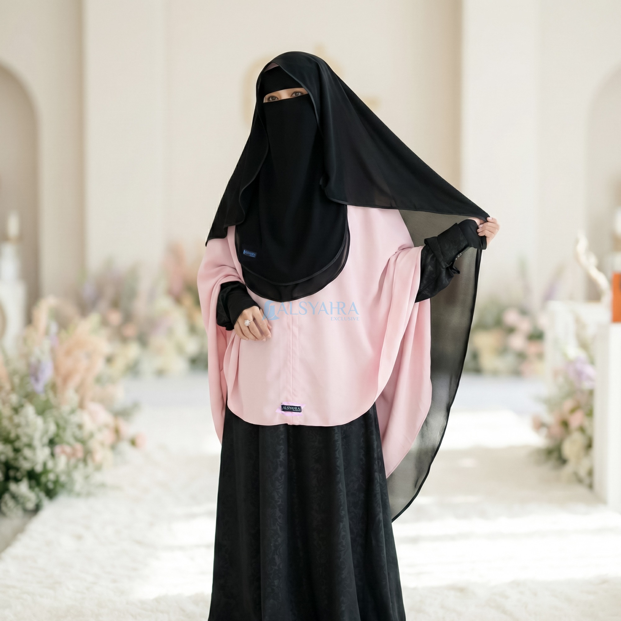 Alsyahra Exclusive - Bundling Niqab All In One Hijrah Size L Sifon Silk Jetblack Arab 12 Style
