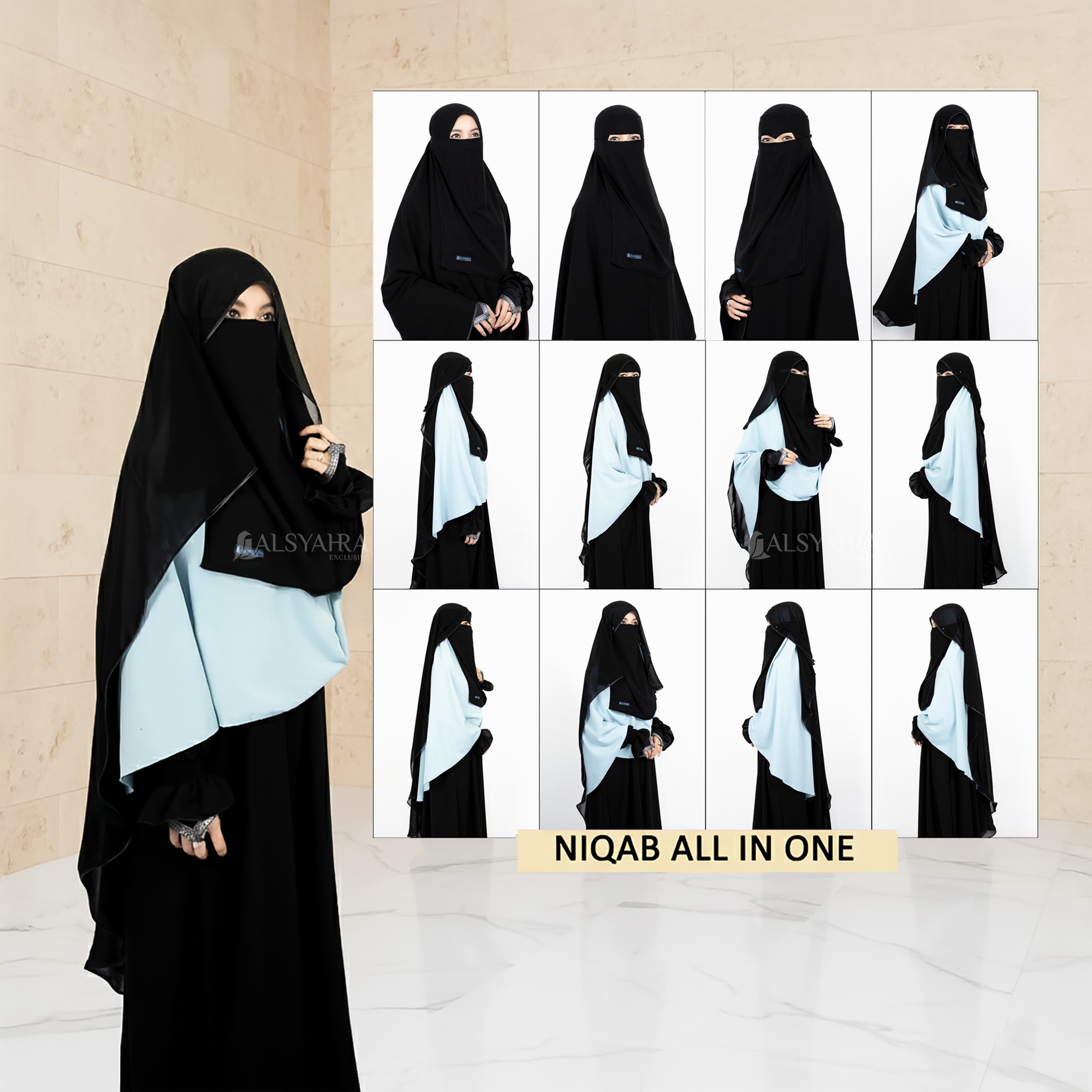 Alsyahra Exclusive - Bundling Niqab All In One Size L Sifon Silk Jetblack Arab 12 Style