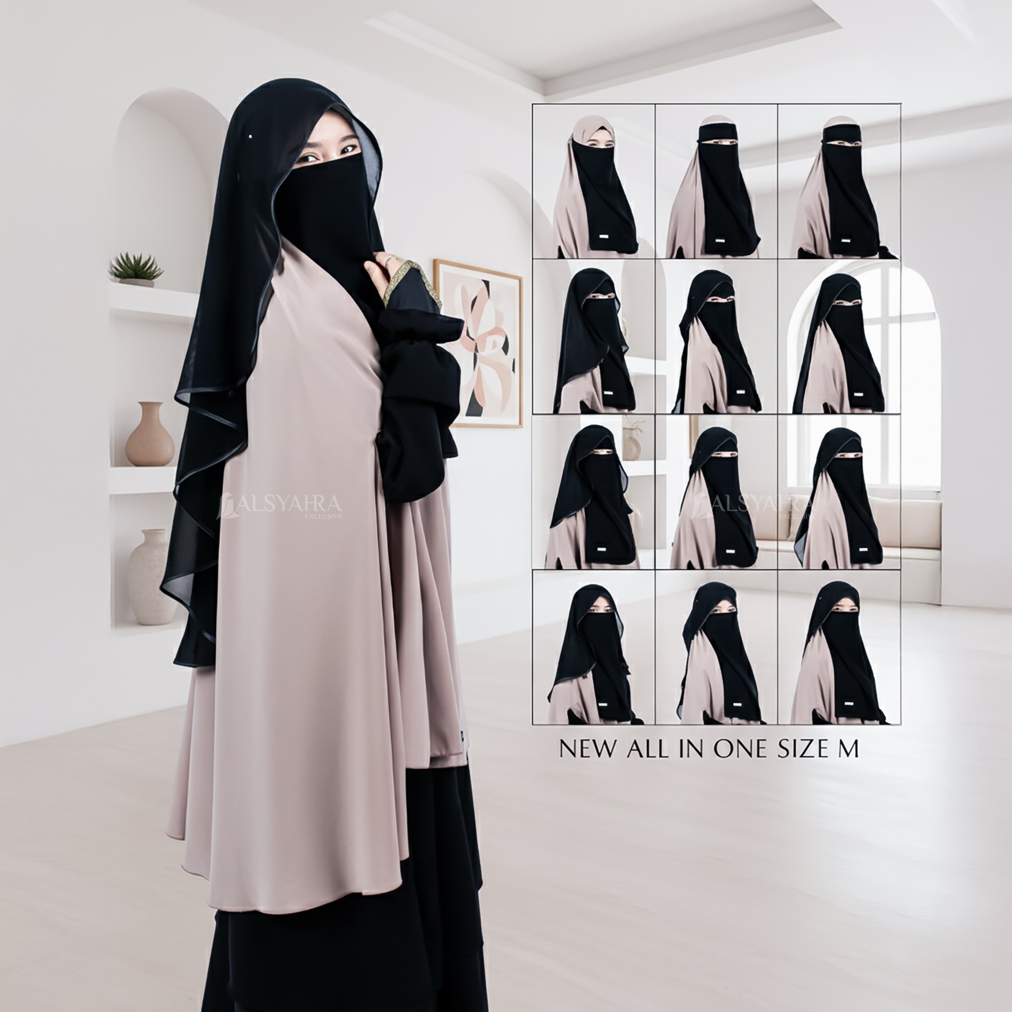 Alsyahra Exclusive - Bundling Niqab All In One Size M Sifon Silk Jetblack Arab 12 Style