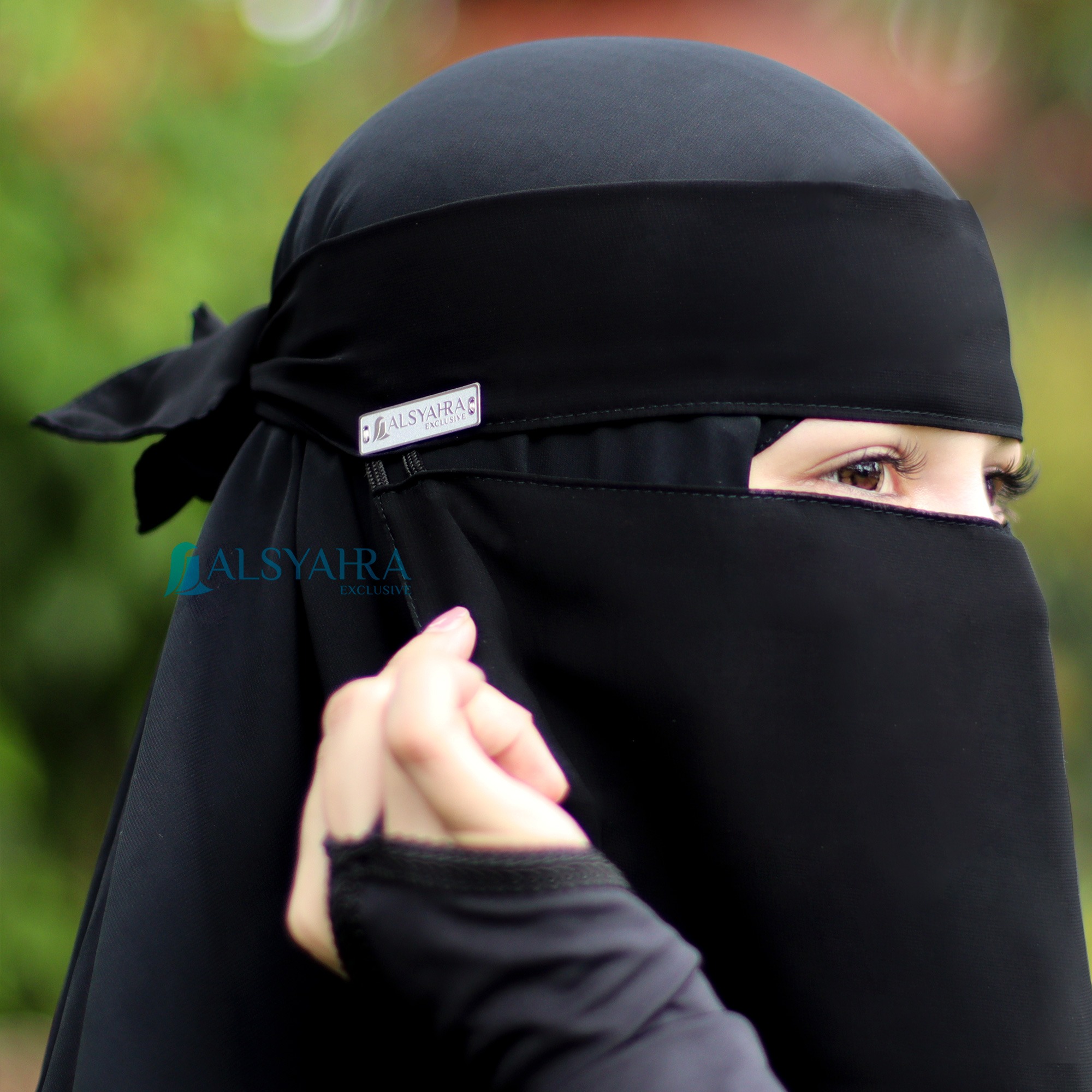 Alsyahra Exclusive - Niqab Bandana Style Saudi Sifon Silk Jetblack Arab
