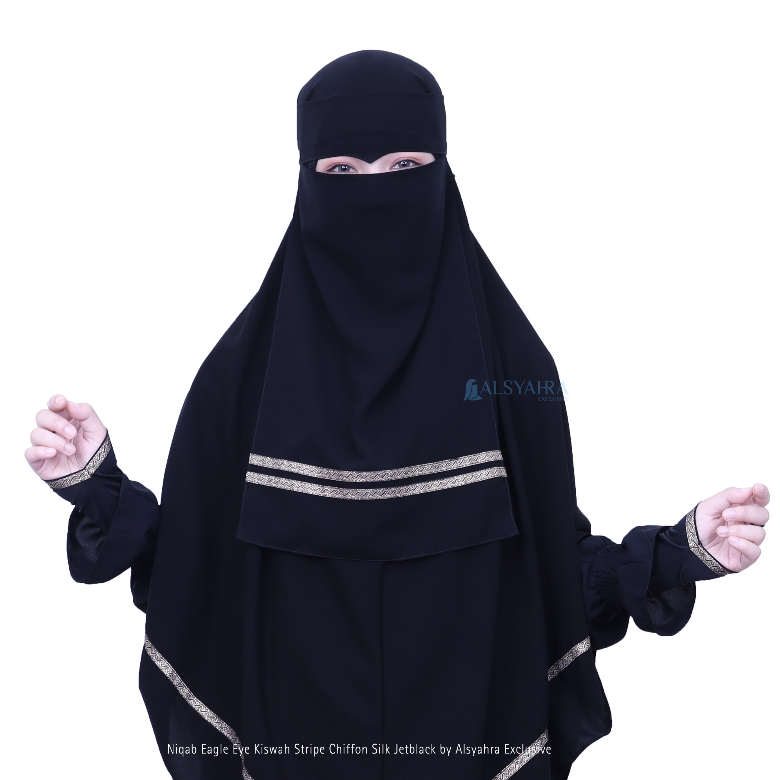 Alsyahra Exclusive - Niqab Eagle Eye Kiswah Stripe Sifon Silk Jetblack Arab