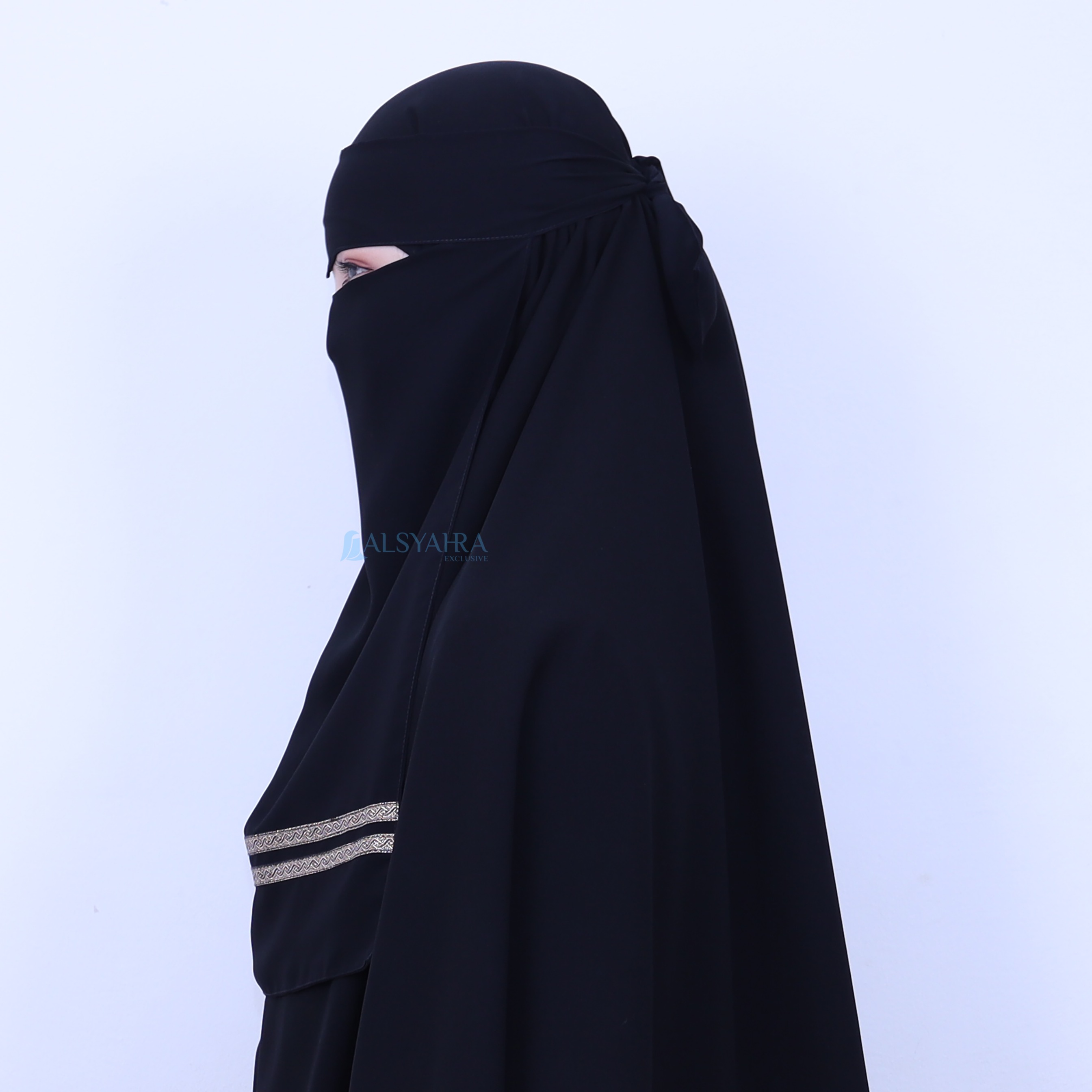 Alsyahra Exclusive - Niqab Eagle Eye Kiswah Stripe Sifon Silk Jetblack Arab