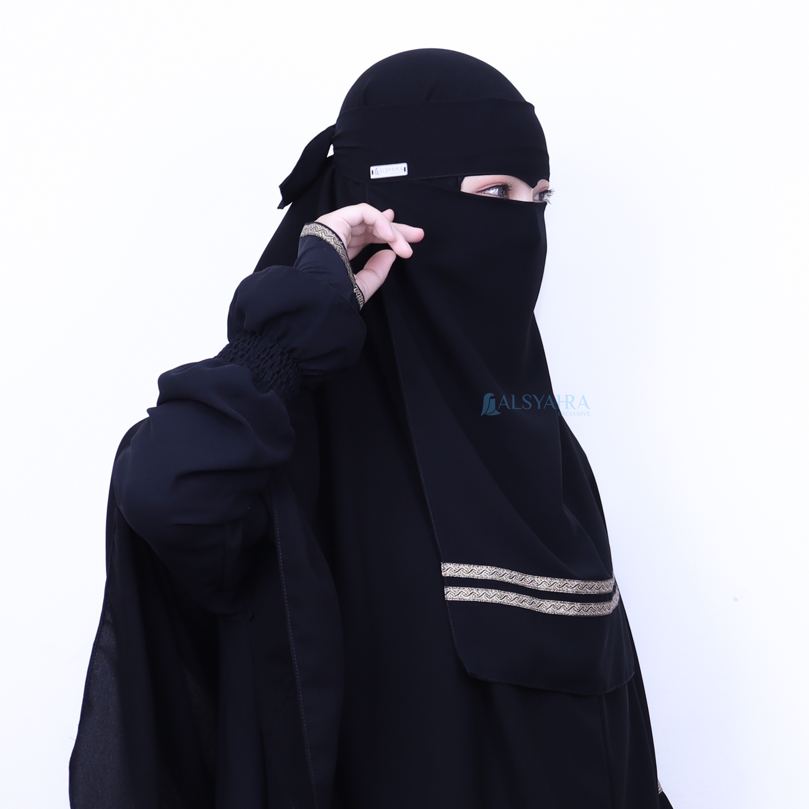 Alsyahra Exclusive - Niqab Eagle Eye Kiswah Stripe Sifon Silk Jetblack Arab