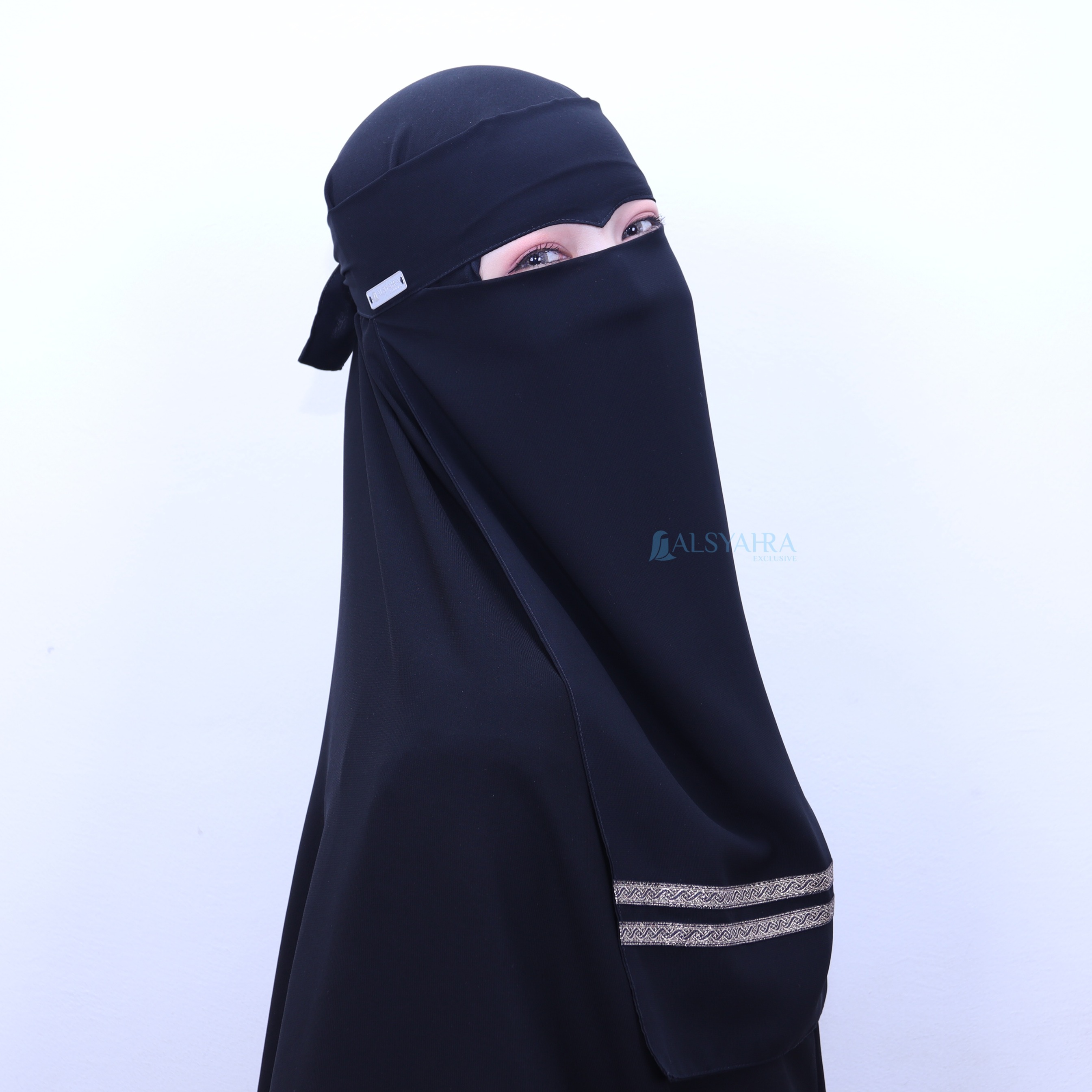 Alsyahra Exclusive - Niqab Eagle Eye Kiswah Stripe Sifon Silk Jetblack Arab