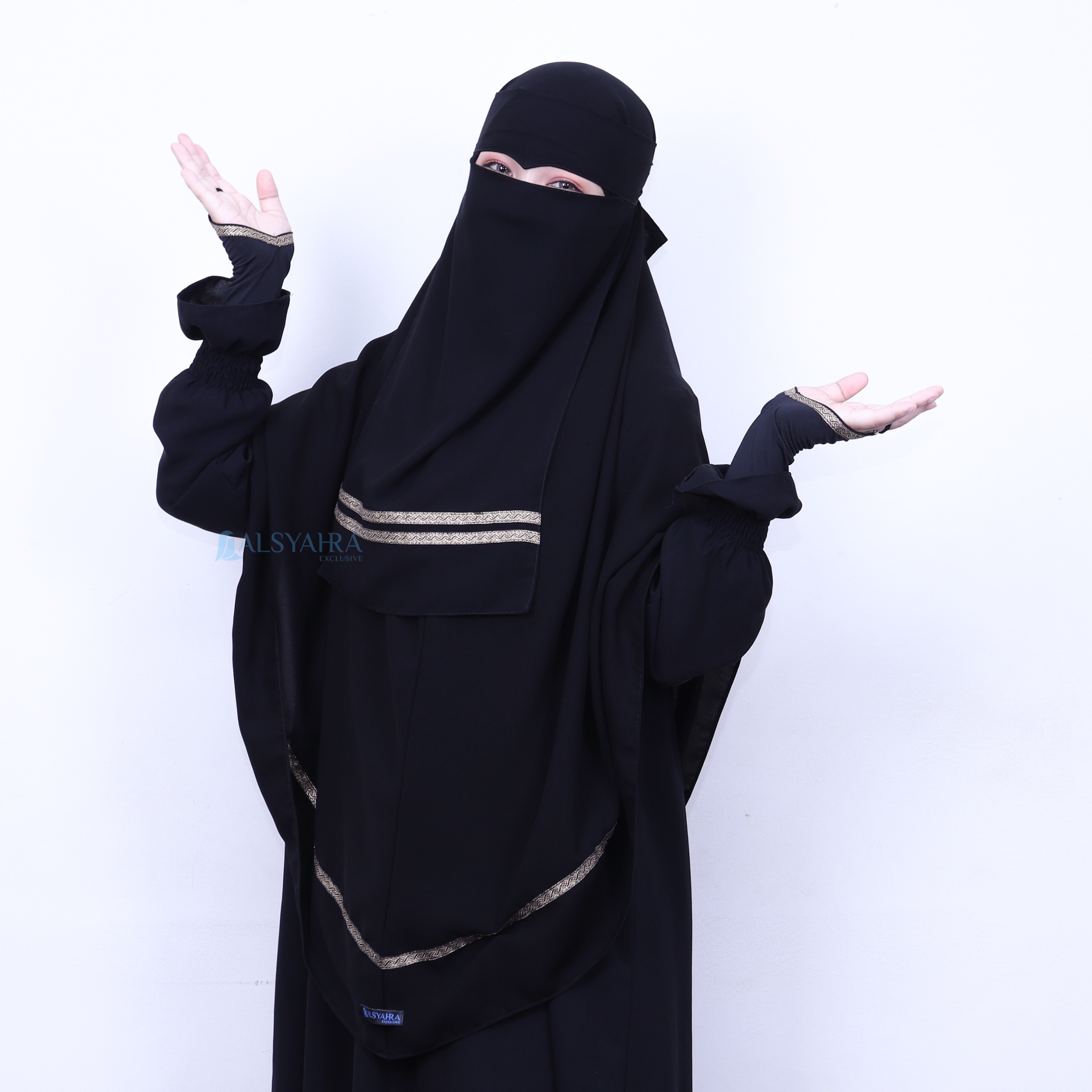 Alsyahra Exclusive - Niqab Eagle Eye Kiswah Stripe Sifon Silk Jetblack Arab