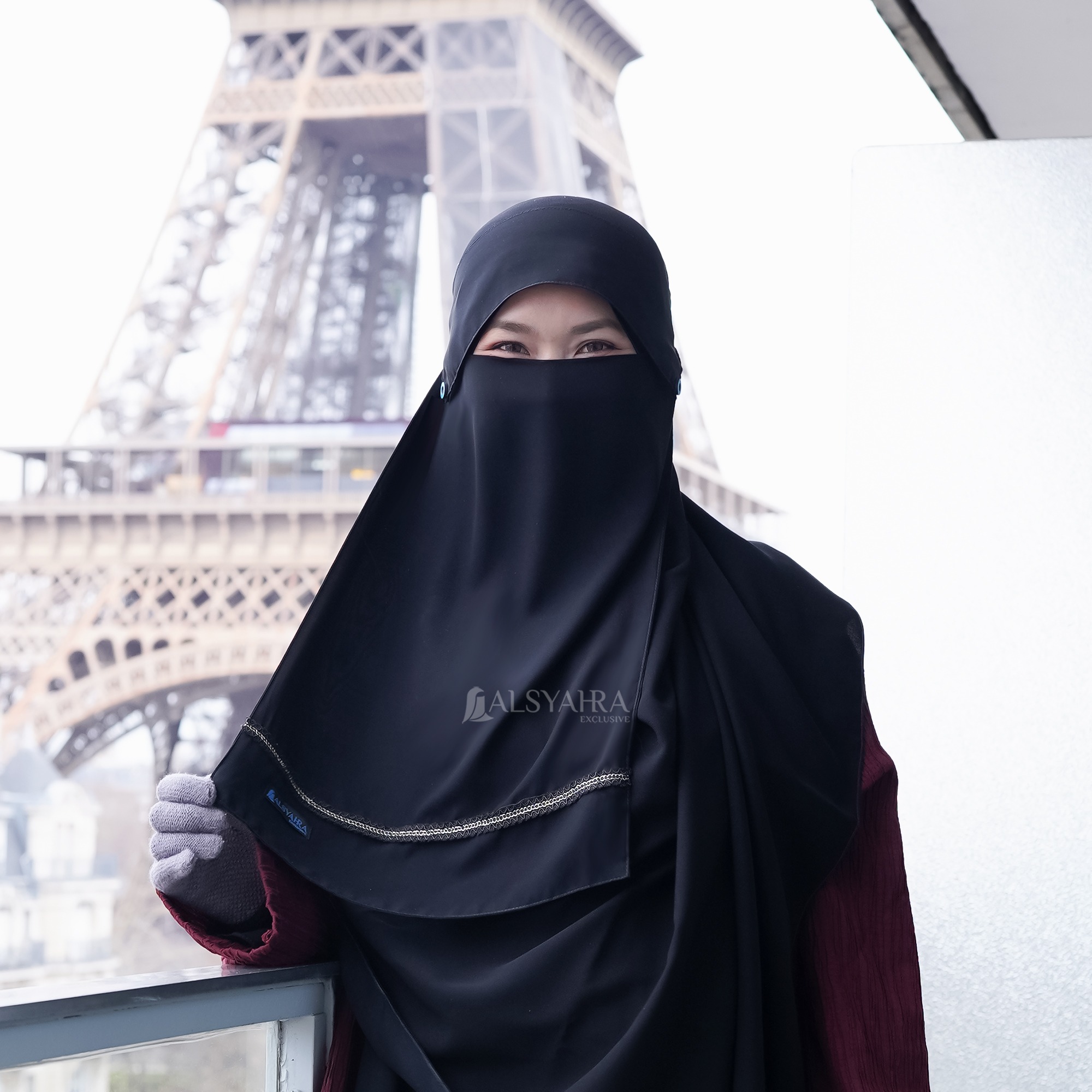 Alsyahra Exclusive - Niqab Poni Kancing Raudhah Silsila Sifon Silk Jetblack Arab
