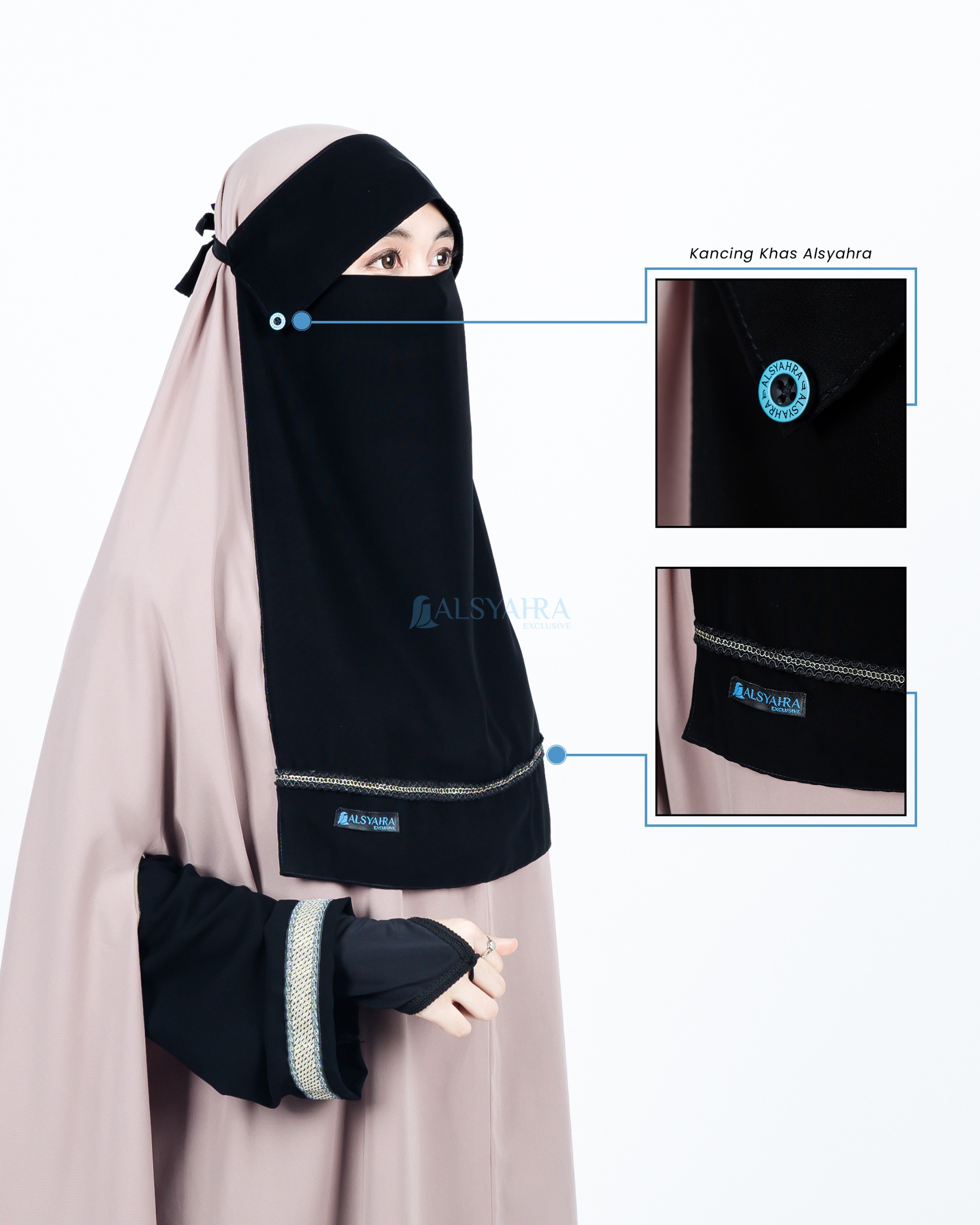 Alsyahra Exclusive - Niqab Poni Kancing Raudhah Silsila Sifon Silk Jetblack Arab