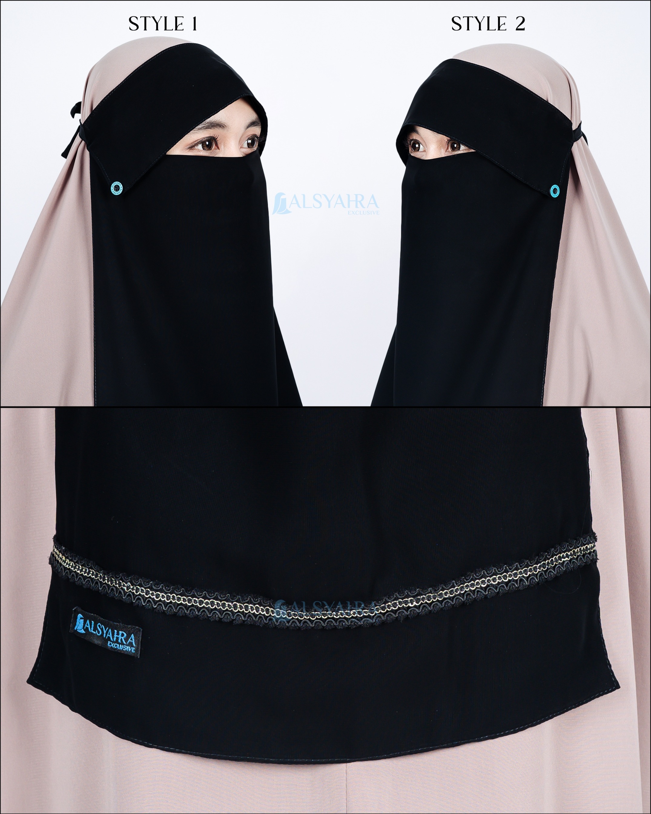 Alsyahra Exclusive - Niqab Poni Kancing Raudhah Silsila Sifon Silk Jetblack Arab
