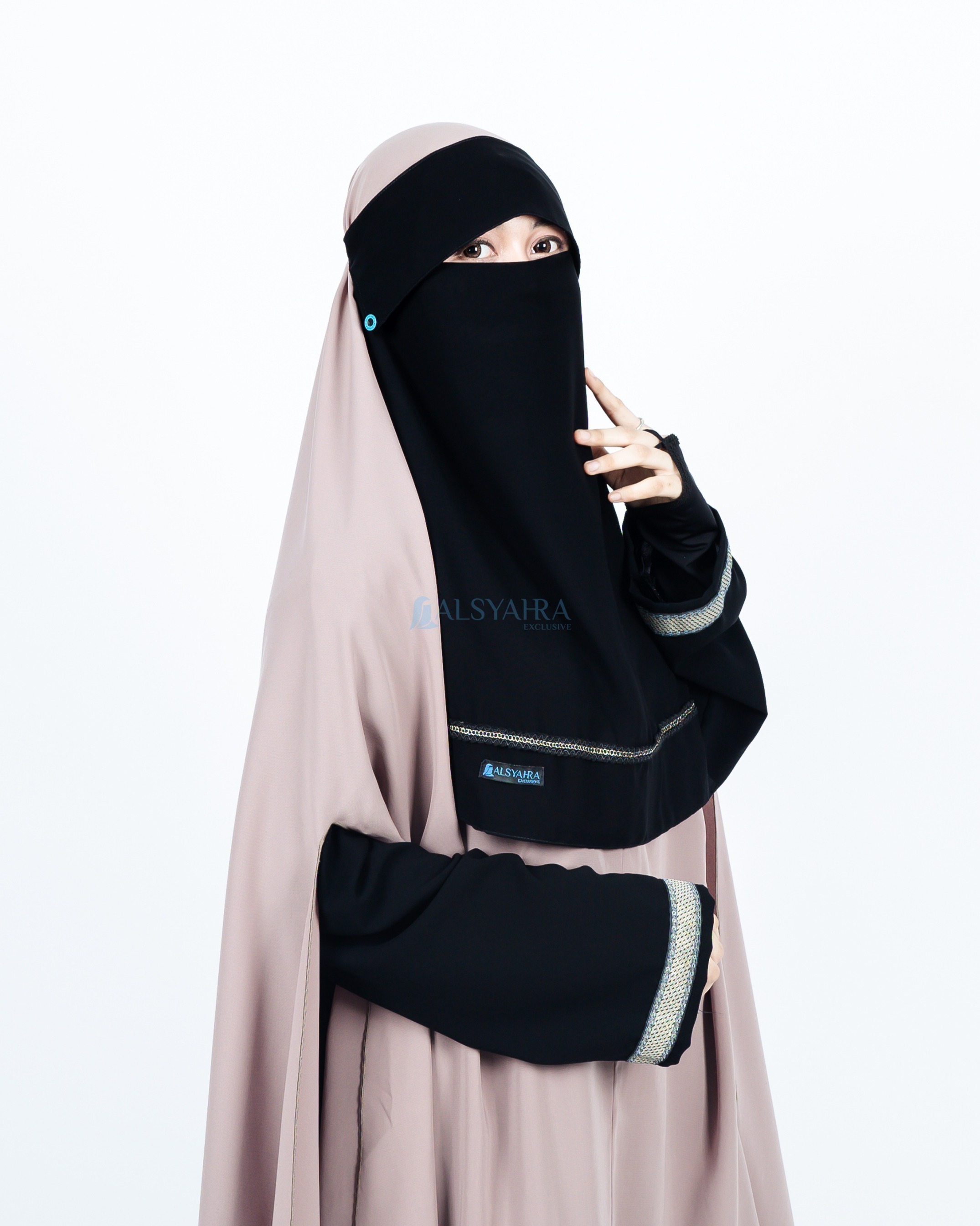 Alsyahra Exclusive - Niqab Poni Kancing Raudhah Silsila Sifon Silk Jetblack Arab