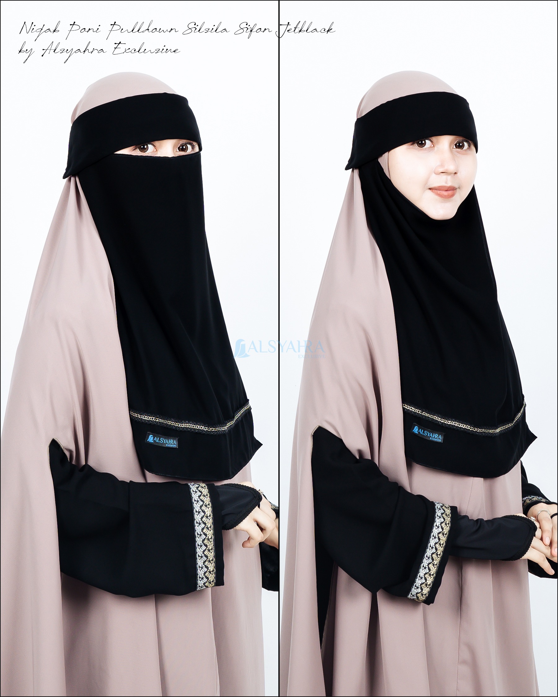Alsyahra Exclusive - Niqab Poni Pulldown Silsila Sifon Silk Jetblack Arab