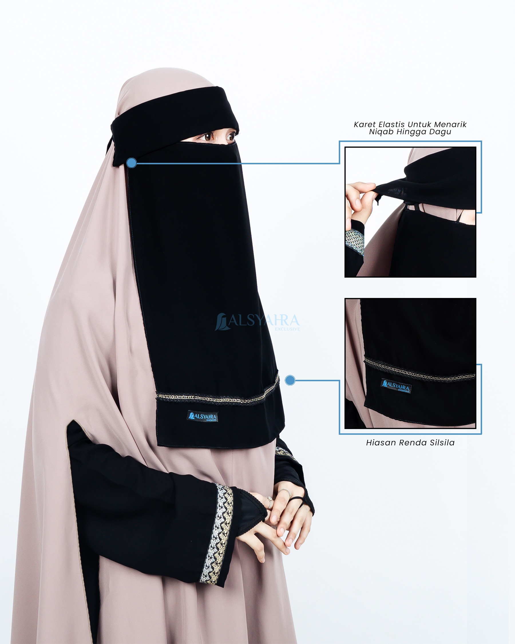 Alsyahra Exclusive - Niqab Poni Pulldown Silsila Sifon Silk Jetblack Arab