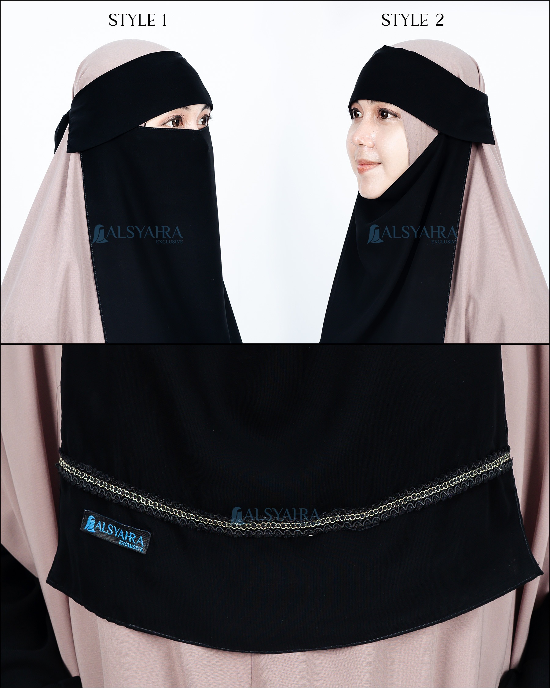 Alsyahra Exclusive - Niqab Poni Pulldown Silsila Sifon Silk Jetblack Arab