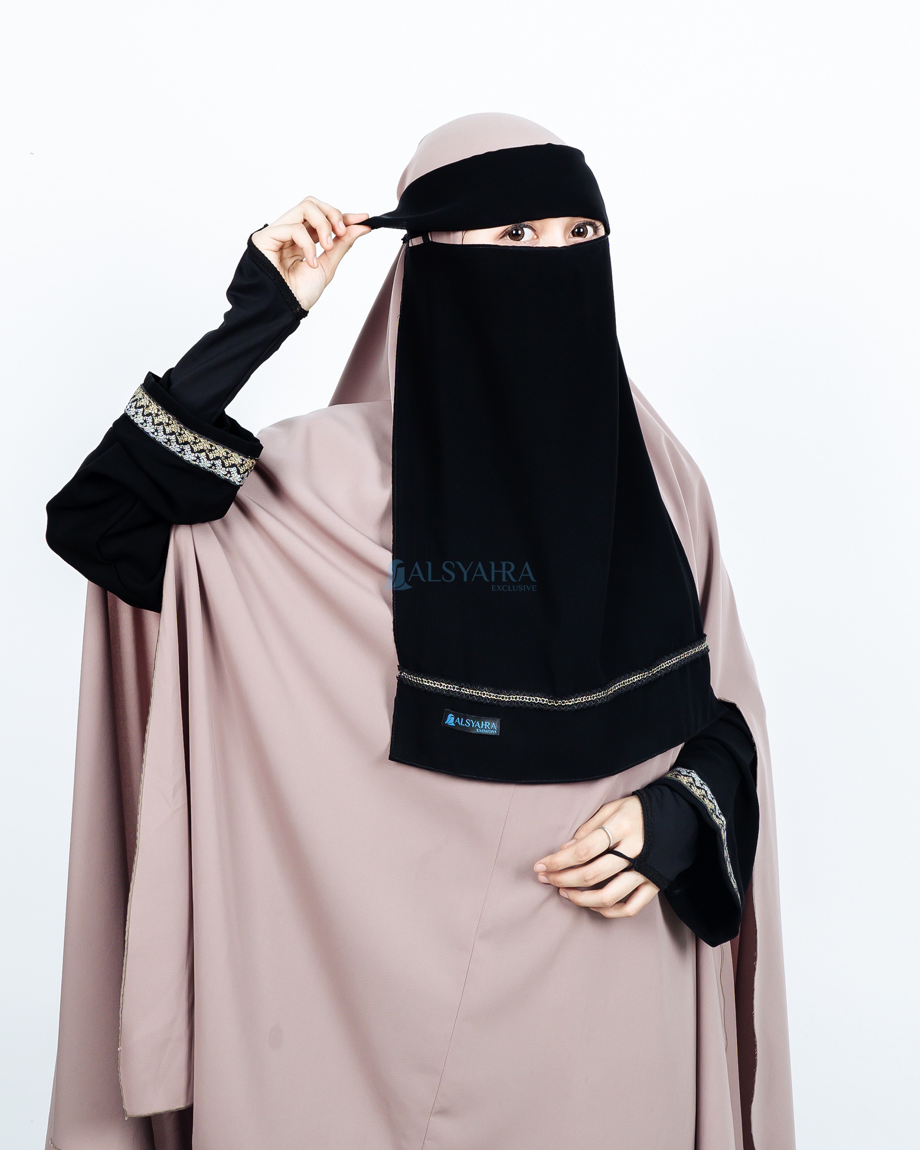 Alsyahra Exclusive - Niqab Poni Pulldown Silsila Sifon Silk Jetblack Arab