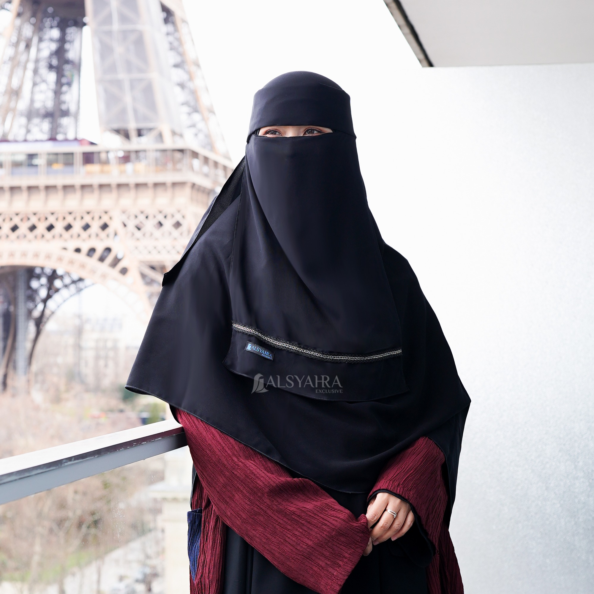 Alsyahra Exclusive - Niqab Poni Pulldown Silsila Sifon Silk Jetblack Arab
