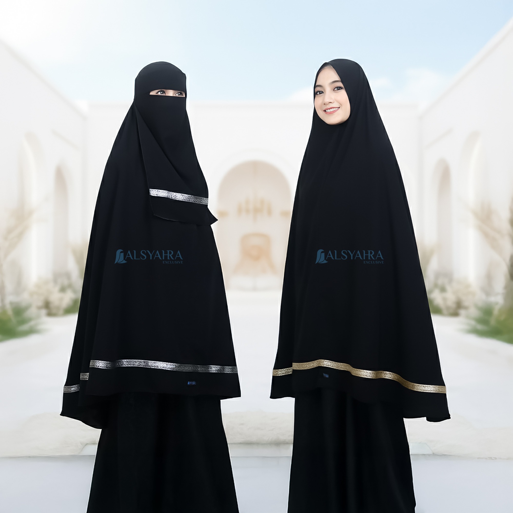 Alsyahra Exclusive - Set Khimar Syari Pita India Non Pad Niqab Bandana Jetblack