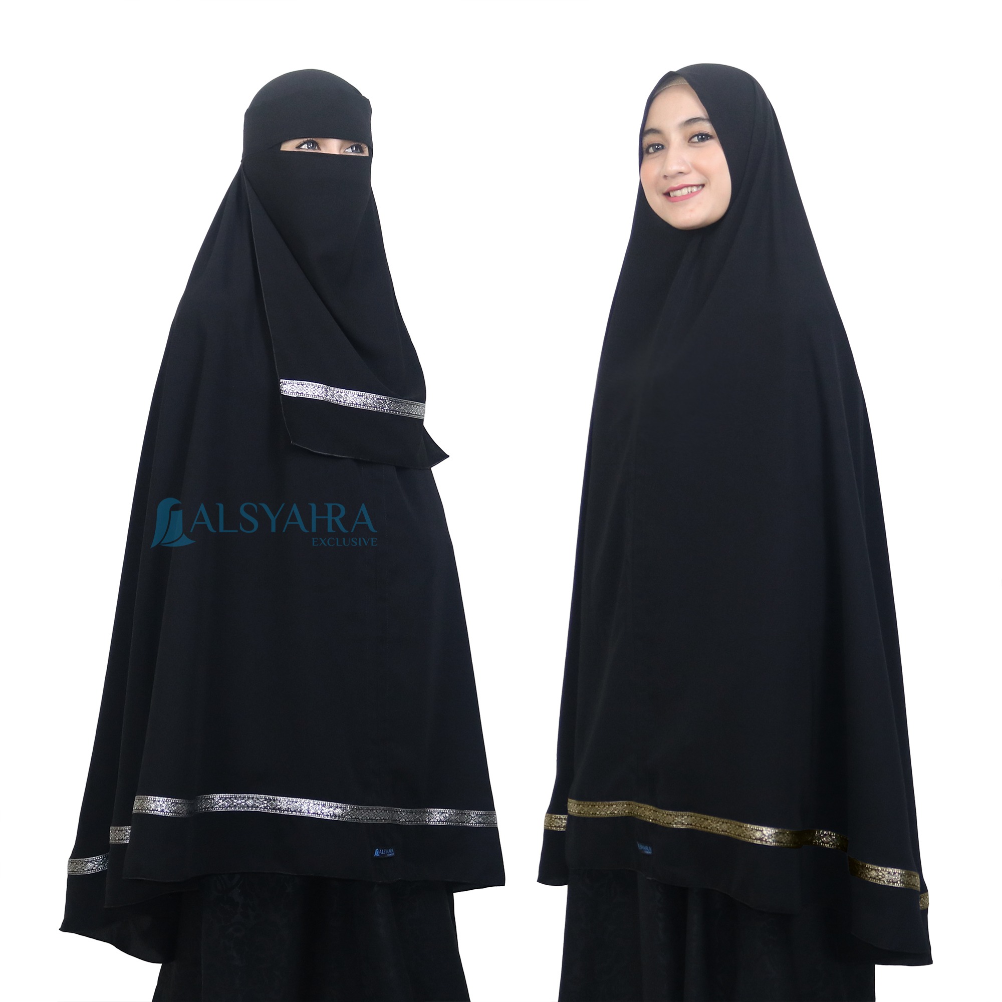 Alsyahra Exclusive - Set Khimar Syari Pita India Non Pad Niqab Bandana Jetblack