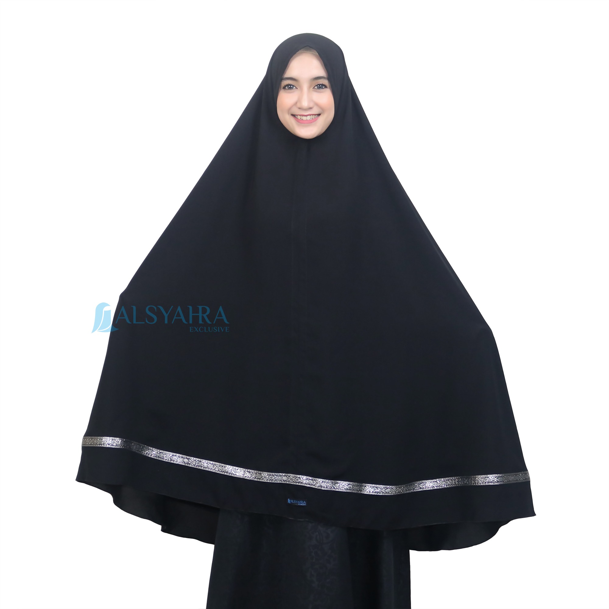 Alsyahra Exclusive - Set Khimar Syari Pita India Non Pad Niqab Bandana Jetblack