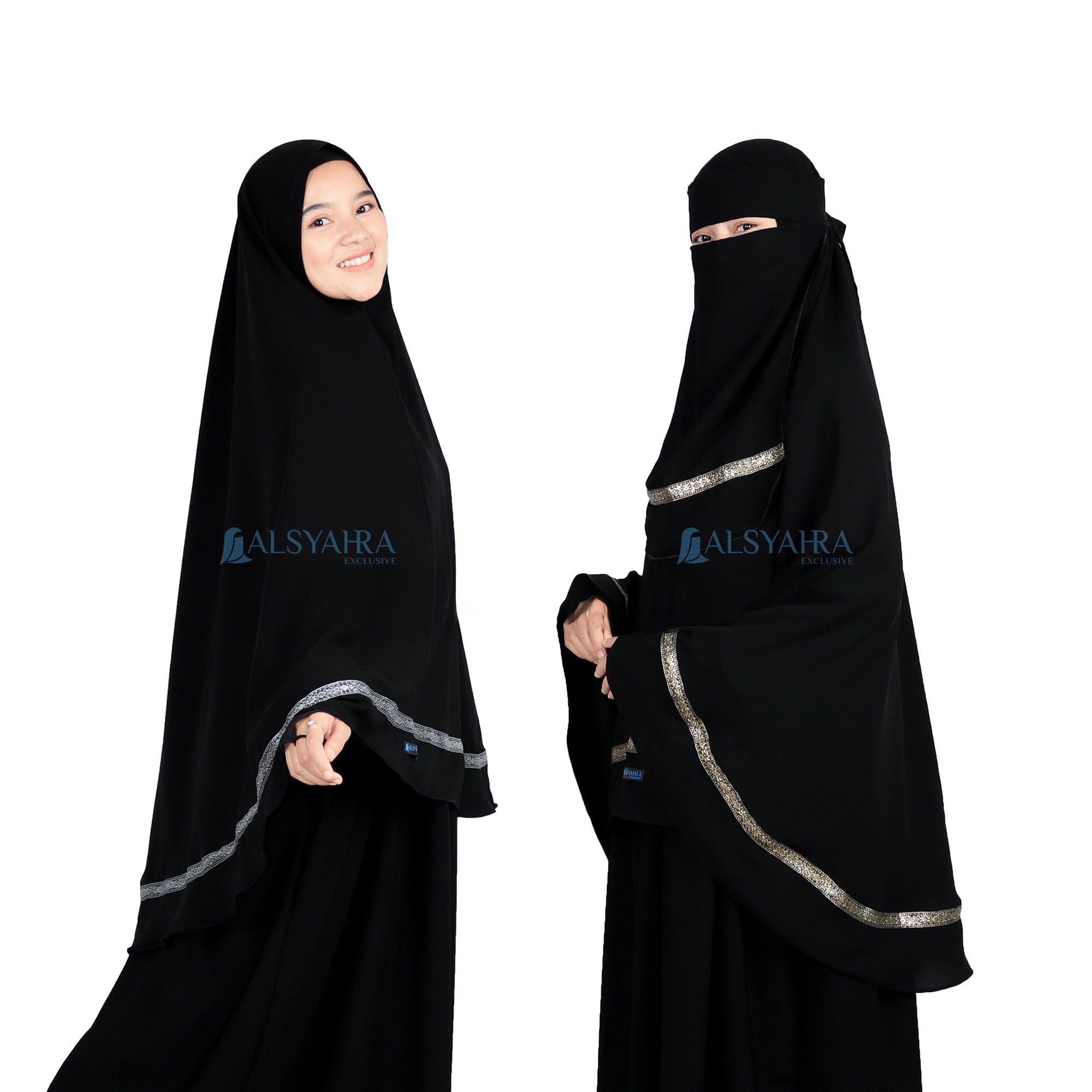 Alsyahra Exclusive - Set Khimar Syari Pita India Non Pad Niqab Bandana Jetblack