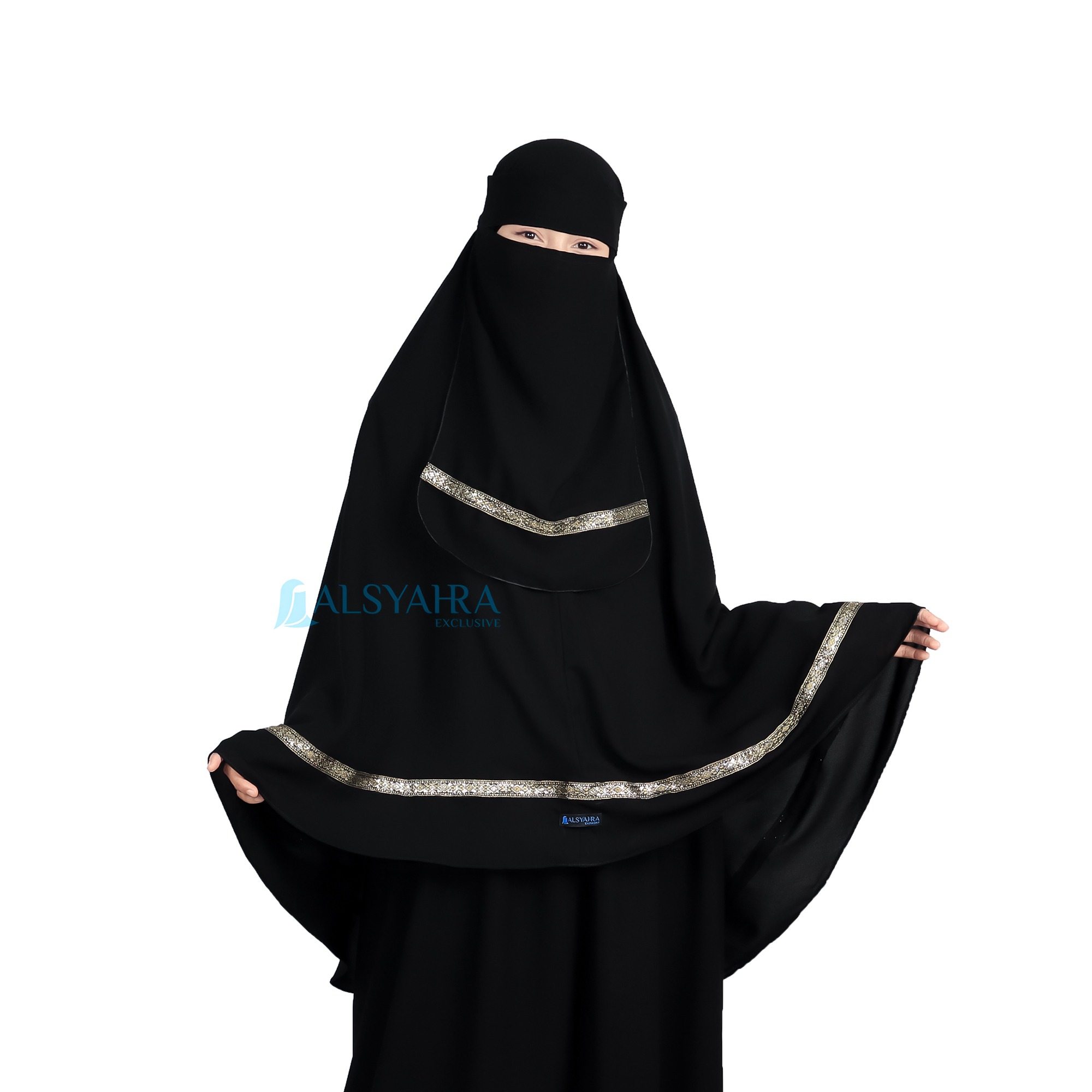 Alsyahra Exclusive - Set Khimar Syari Pita India Non Pad Niqab Bandana Jetblack