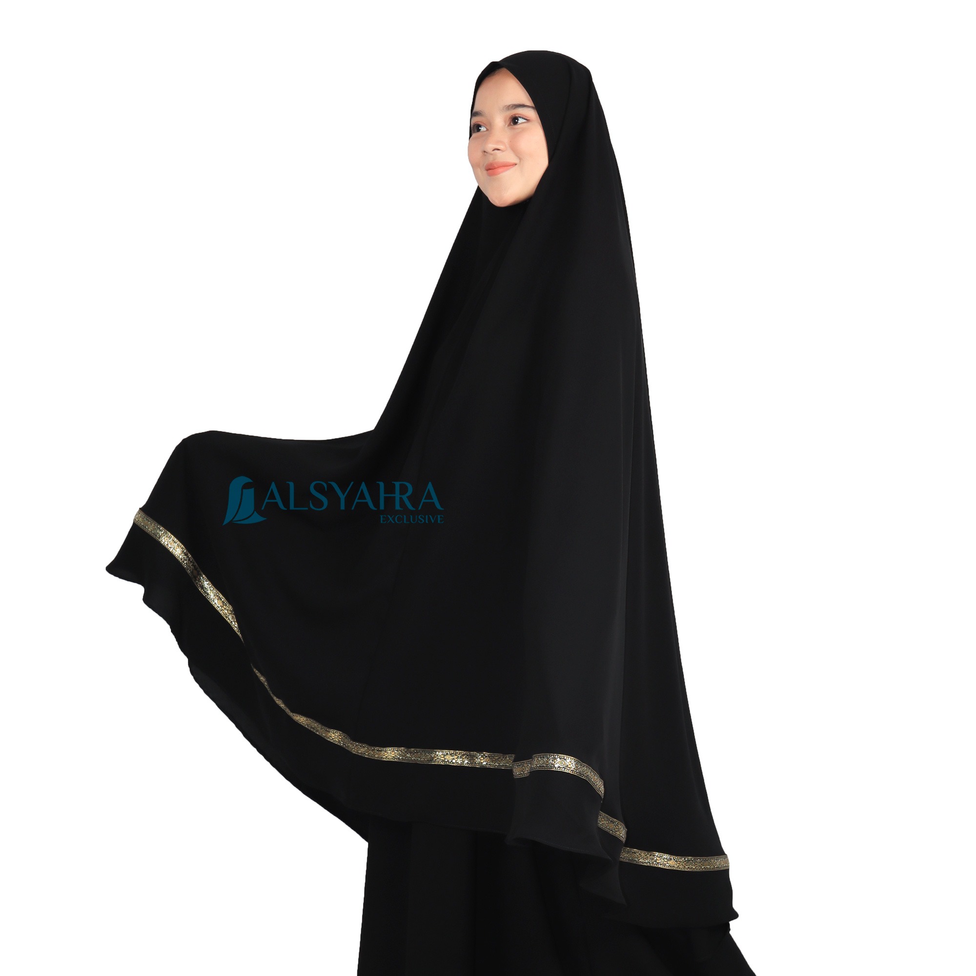 Alsyahra Exclusive - Set Khimar Syari Pita India Non Pad Niqab Bandana Jetblack