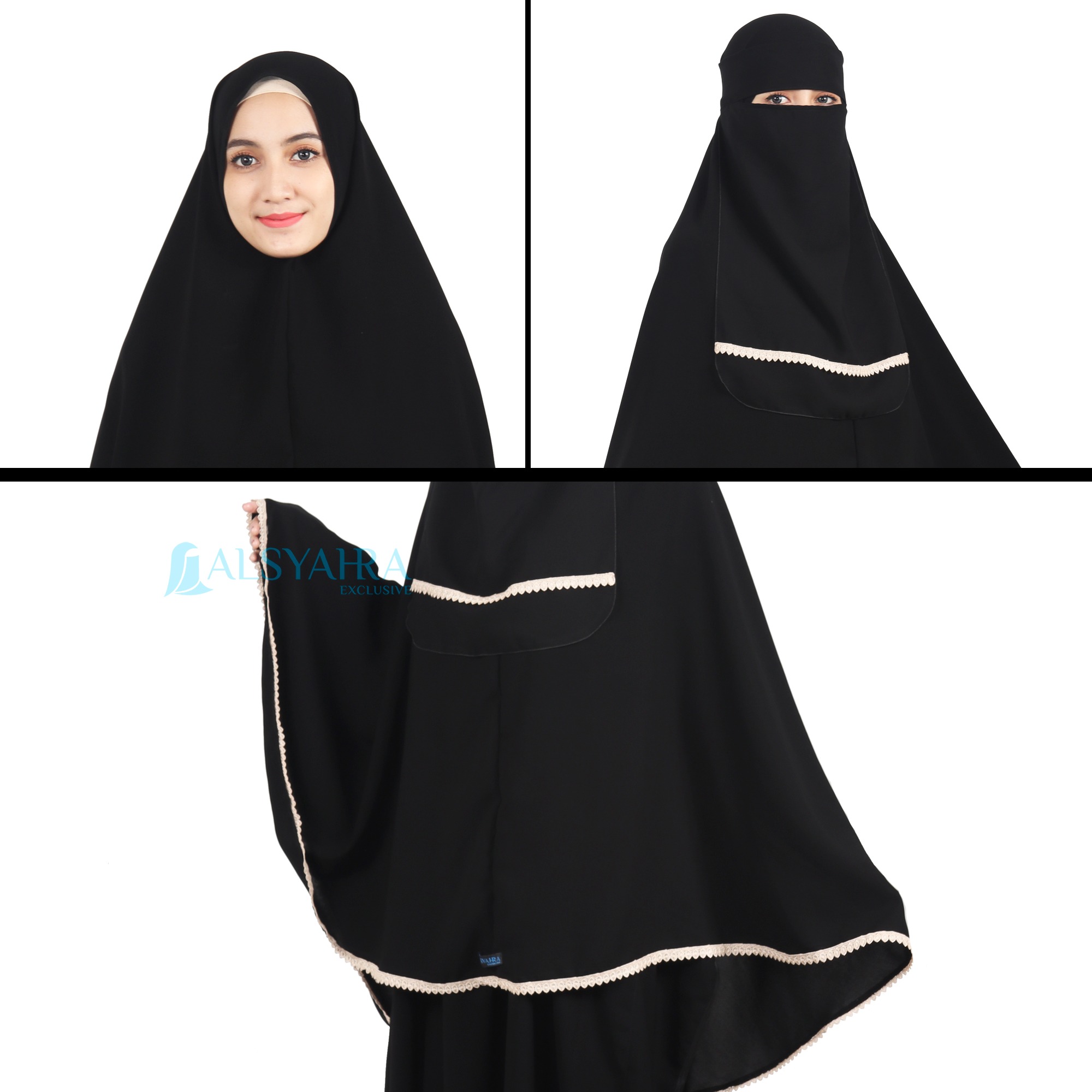 Alsyahra Exclusive - Set Khimar Syari Halimah Niqab Bandana Soft Jetblack Size XL