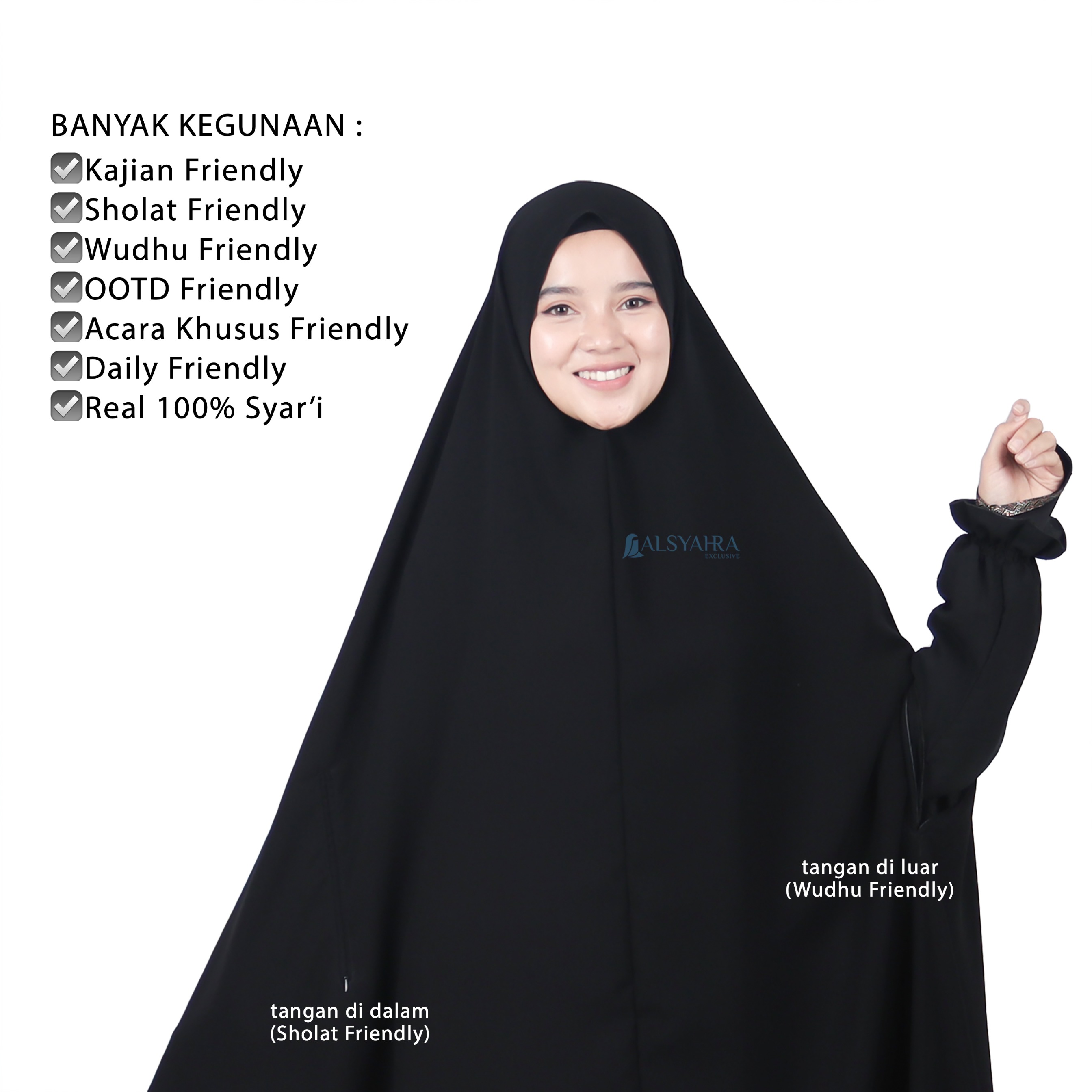 Alsyahra Exclusive - Set Khimar Syari Handzipper Nailah Niqab Poni Soft Jetblack Size XXL