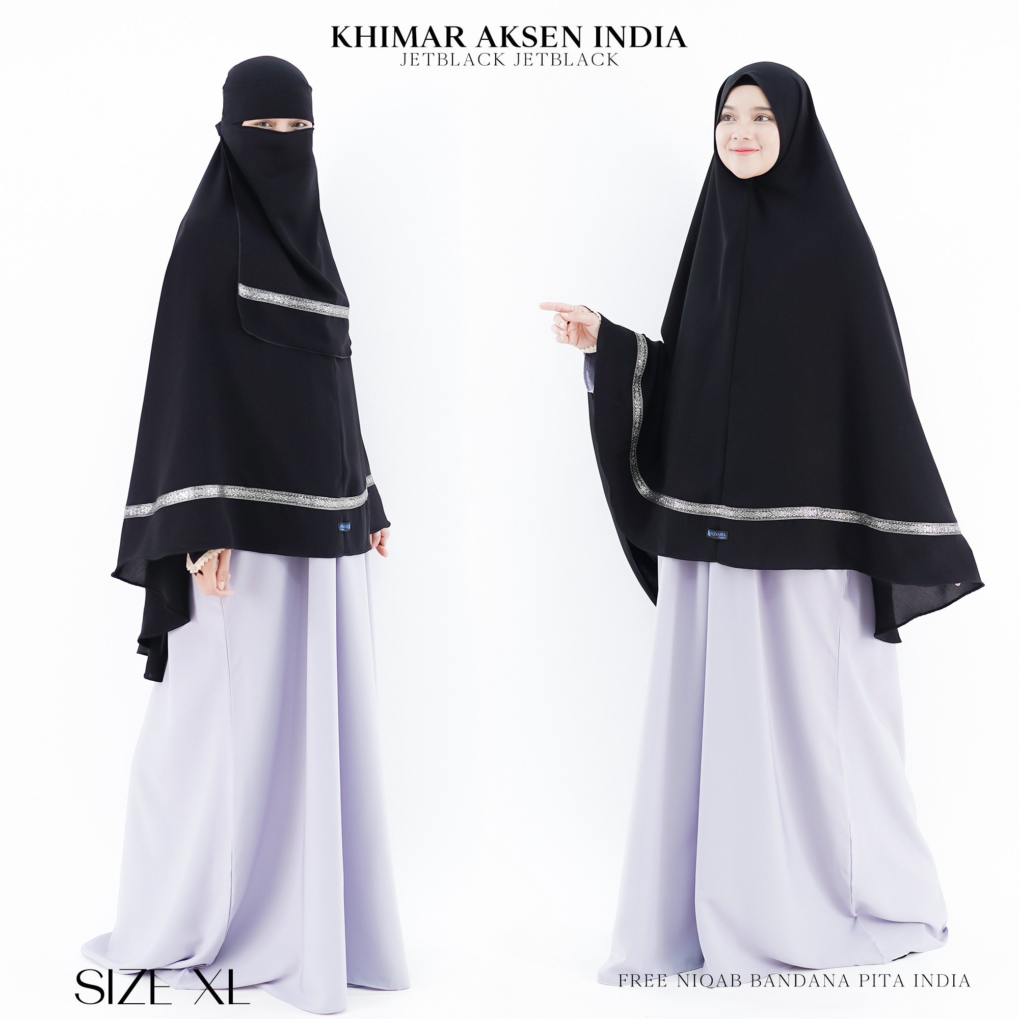 Alsyahra Exclusive - Set Khimar Syari Pita India Non Pad Niqab Bandana Jetblack