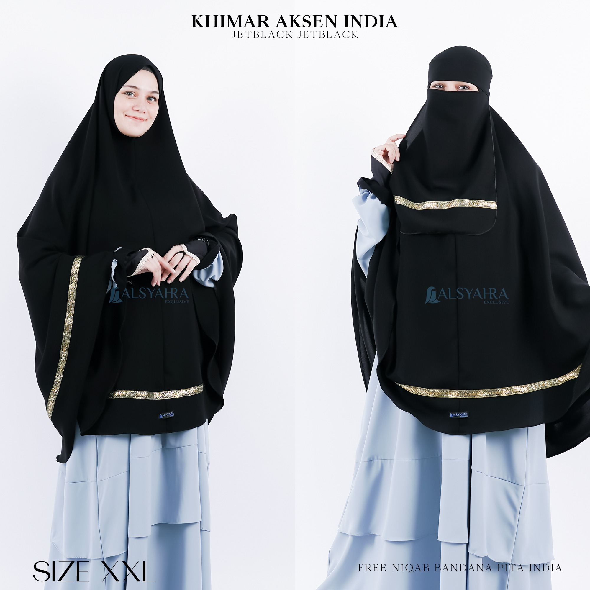 Alsyahra Exclusive - Set Khimar Syari Pita India Non Pad Niqab Bandana Jetblack
