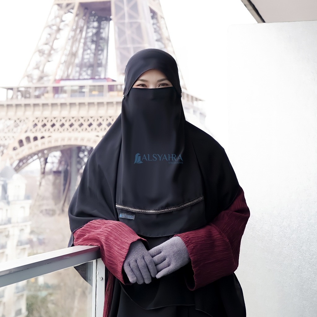 Alsyahra Exclusive - Niqab Poni Kancing Raudhah Silsila Sifon Silk Jetblack Arab