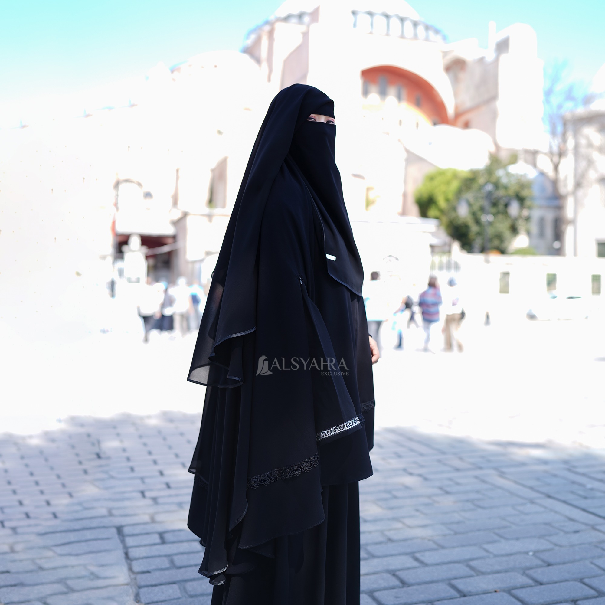 Alsyahra Exclusive - Niqab Yaman Bisban 2 Layer Sifon Silk Jetblack Arab Size L