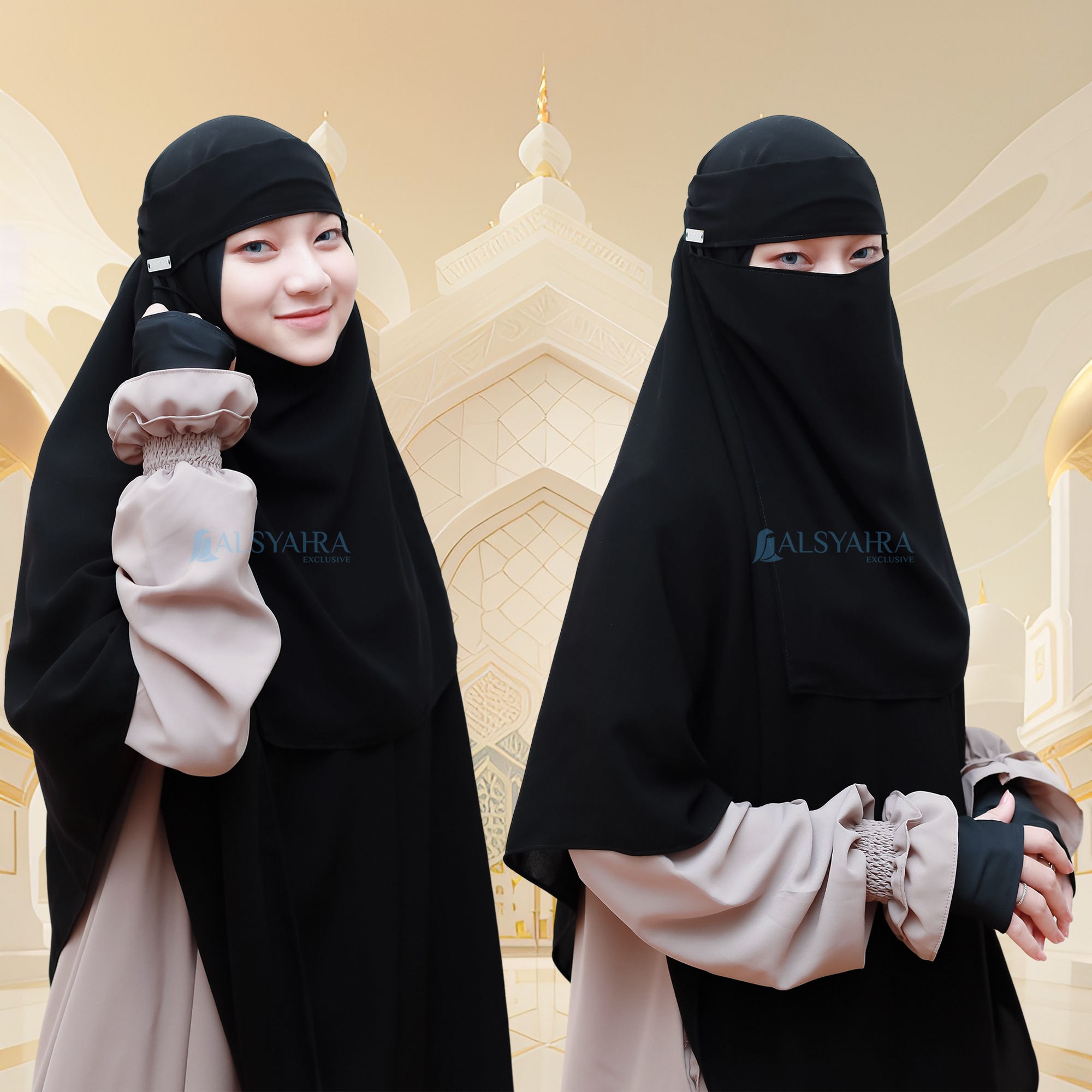 Alsyahra Exclusive - Niqab Bandana Style Saudi Sifon Silk Jetblack Arab