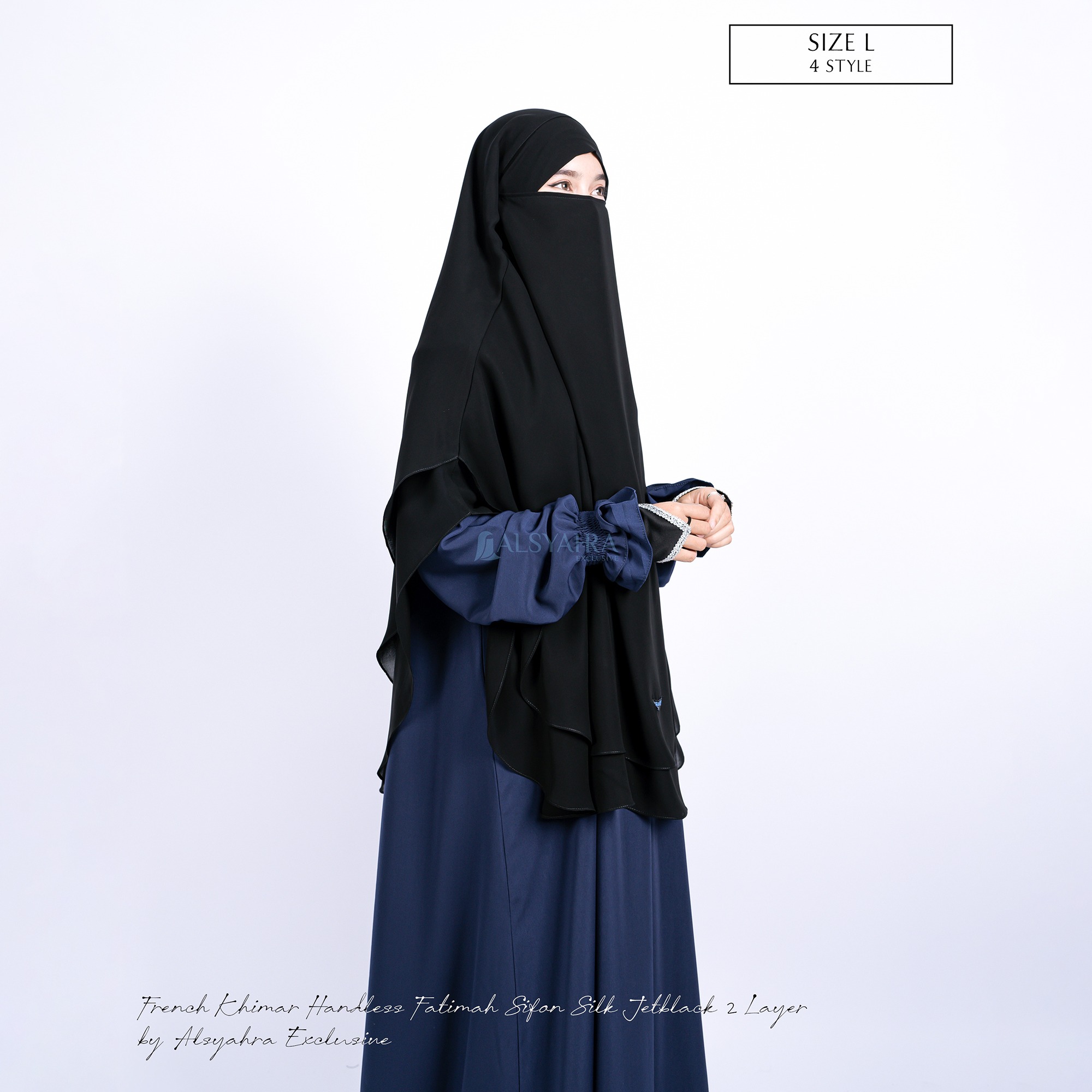 Alsyahra Exclusive - Khiban French Khimar Oval Handless Fatimah 2 Layer Sifon Silk Jetblack Arab
