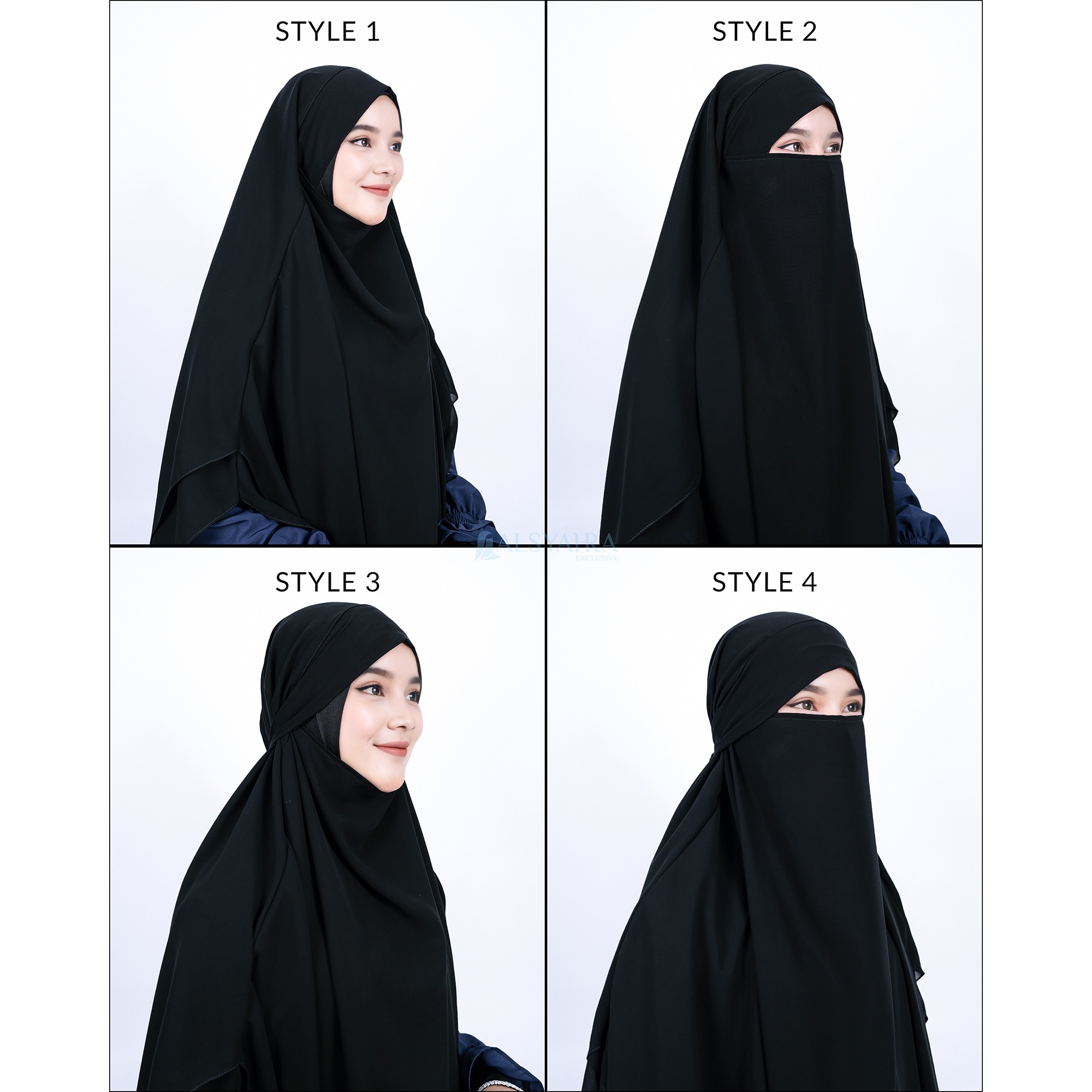 Alsyahra Exclusive - Khiban French Khimar Oval Handless Fatimah 2 Layer Sifon Silk Jetblack Arab