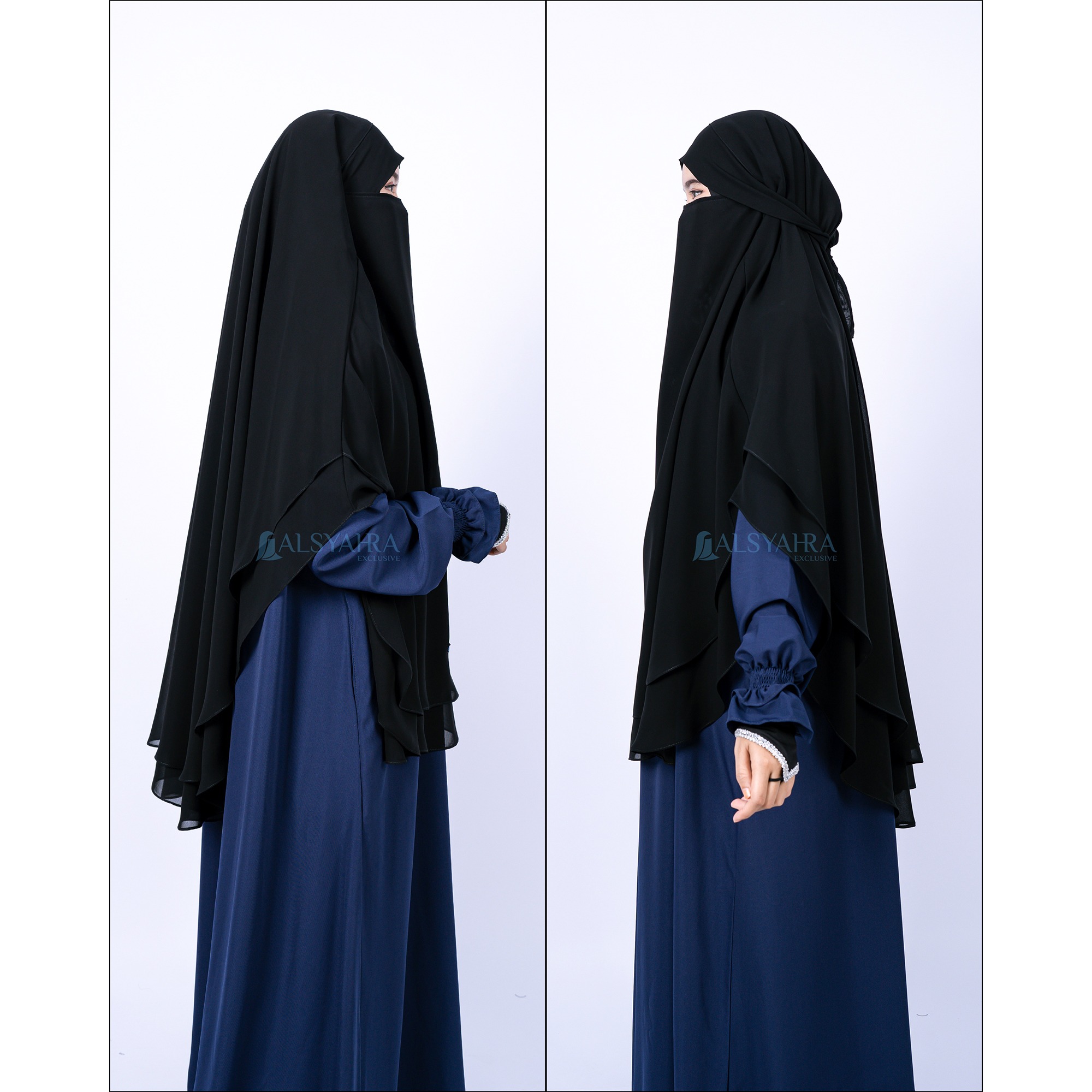 Alsyahra Exclusive - Khiban French Khimar Oval Handless Fatimah 2 Layer Sifon Silk Jetblack Arab