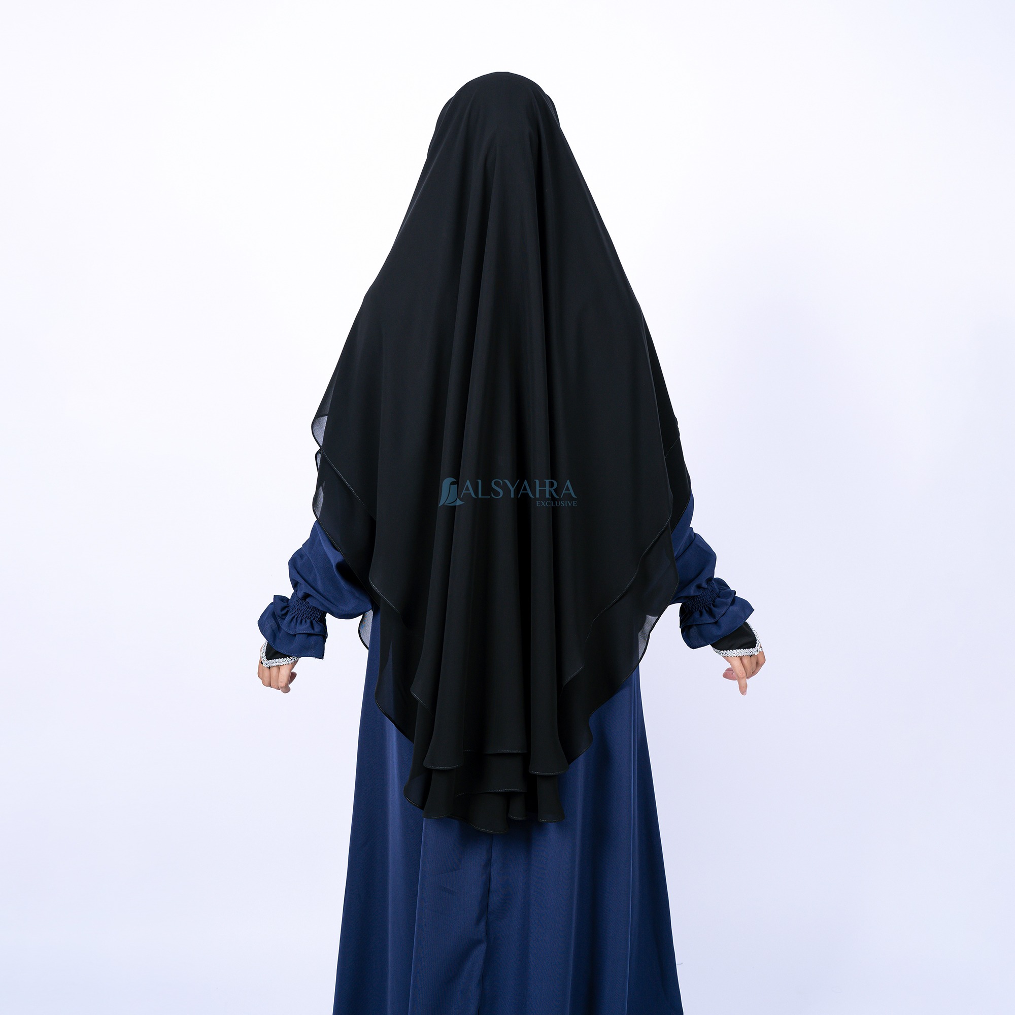 Alsyahra Exclusive - Khiban French Khimar Oval Handless Fatimah 2 Layer Sifon Silk Jetblack Arab