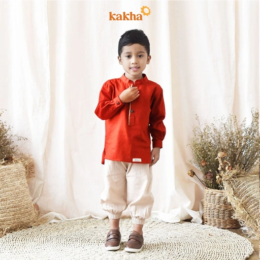 Image of CLEARANCE SALE - Kakha - Koko Anak Linen Pendek Red Terracotta / Koko Anak / Sarimbit Keluarga Muslim 