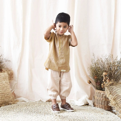Image of CLEARANCE SALE - Kakha - Koko Anak Linen Pendek Nude / Koko Anak / Sarimbit Keluarga Muslim 