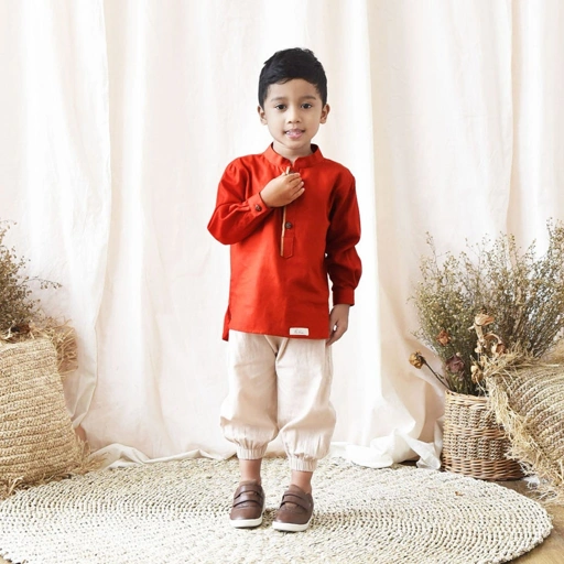 Image of CLEARANCE SALE - Kakha - Koko Anak Linen Pendek Red Terracotta / Koko Anak / Sarimbit Keluarga Muslim 