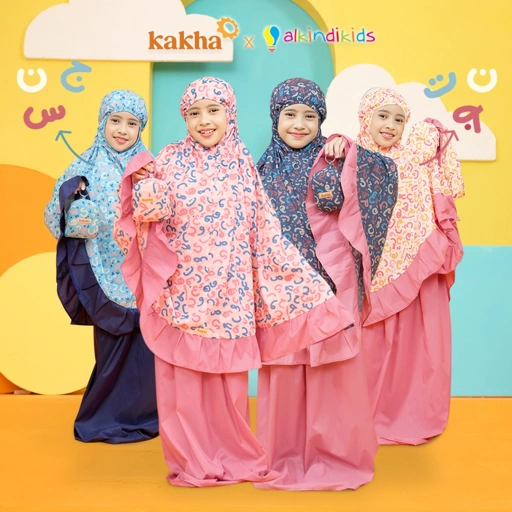 Image of Kakha x Alkindikids - Mukena Anak Hijaiyah Series (1-12 tahun) / Mukena Travel / Mukena Parasut / Mukena Mini