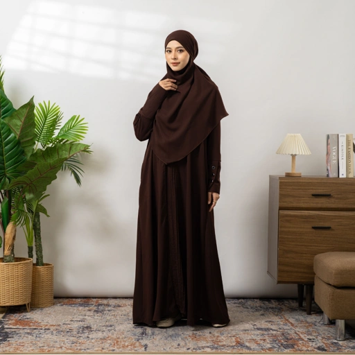 Image of Deena Gamis Set French Khimar Abaya Syari Pergelangan Kancing Natail Umroh Lebaran By Umnawear