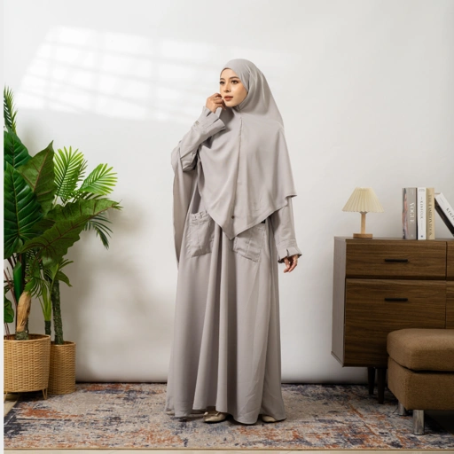 Image of Hanna Abaya Set French Khimar Bahan Natail Gamis Pergelangan Rempel Syari Umroh Lebaran By Umnawear