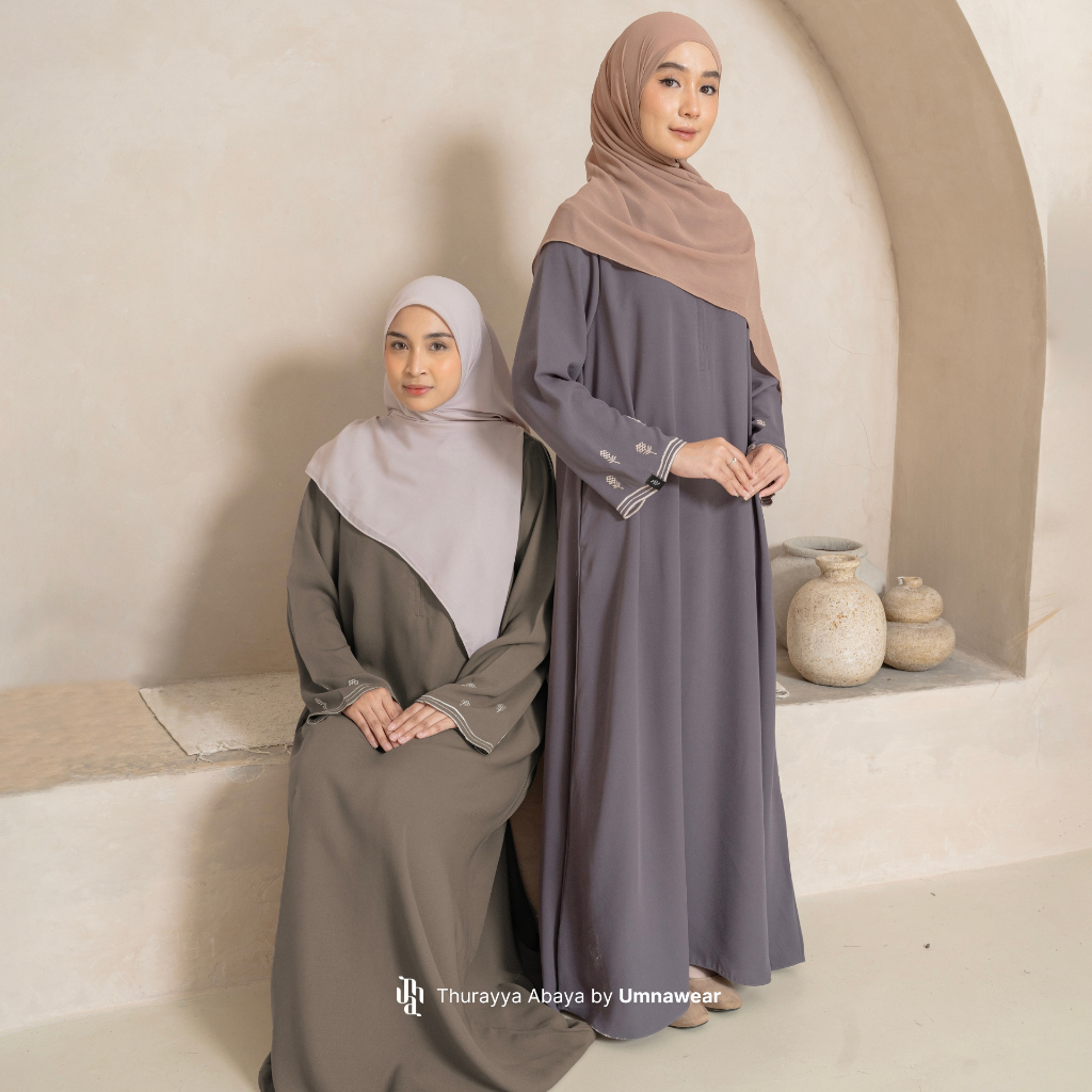 Thurraya Abaya Lengan Bordir Syari Premium Gamis Simple Raya Lebaran Bahan Natail Umroh By Umnawear