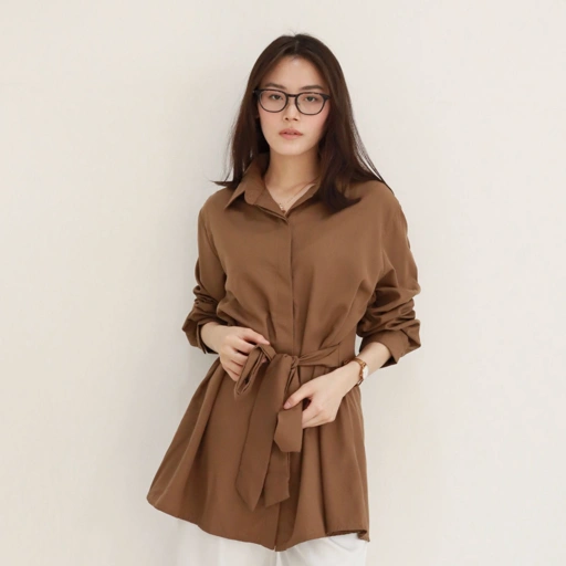 Image of MSMO Bora Tied Shirt  Kemeja Wanita / Blouse Wanita / Kemeja Lengan Panjang / Kemeja Kantor / Office Wear / Atasan Wanita Brown Grey