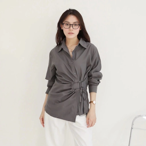Image of [LIVE EXCLUSIVE] MSMO Karis Assymetrical Shirt / Blouse Wanita Basic / Kemeja Wanita Casual Brown Grey