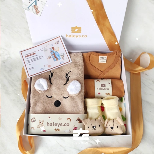 Image of Haleys.co Hampers Premium | Ginger Brown Package | Piyama Katun 100% untuk Baby 0-12 Bulan + Handuk Microfiber Premium | 6 in 1