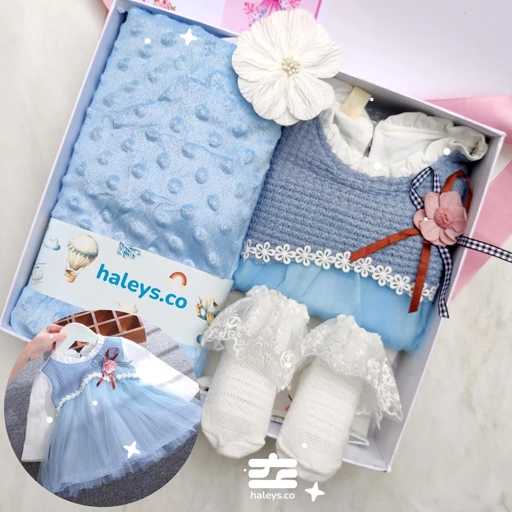 Image of Haleys.co Hampers Premium | Dress Blue Selimut Package | Dress Anak Perempuan 6-12 Bulan + Selimut Dotted Blue 90x75 | 6 in 1 