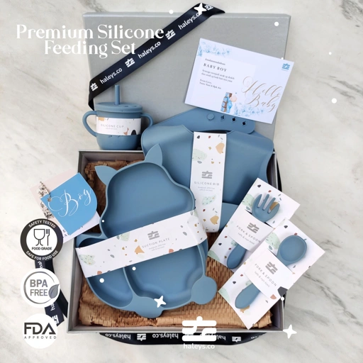 Image of Haleys.co Hampers Premium | SILICONE SUCTION BOWL FEEDING SET SERIES Fox Blue | Hampers MPASI | Hadiah Newborn | 8 in 1